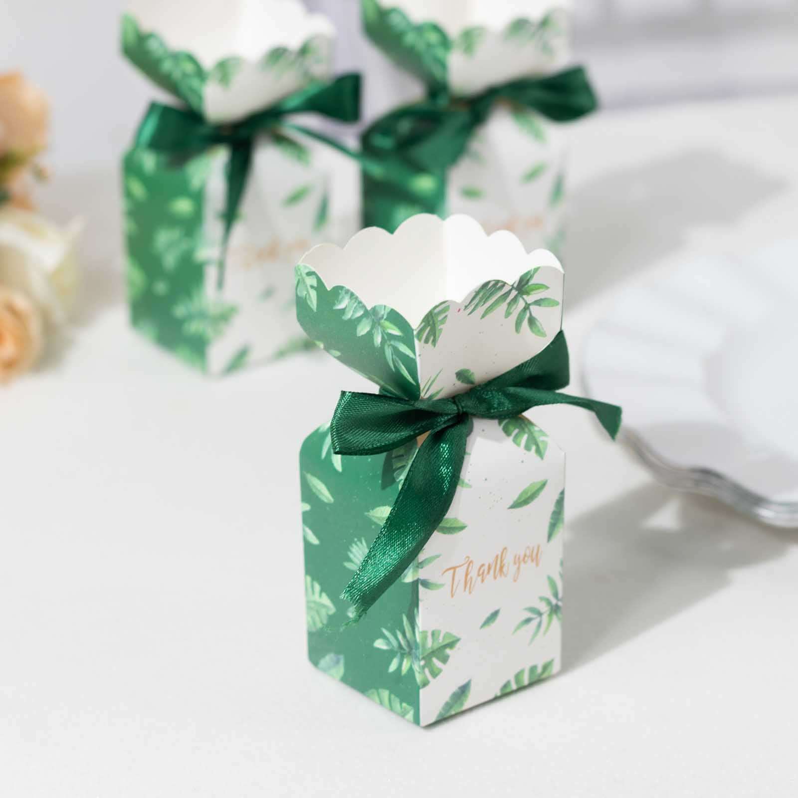 25 Pack White Green Leaf Print Satin Ribbon Candy Gift Boxes With Floral Top, Cardstock Paper Party Favor Boxes - 2"x5"