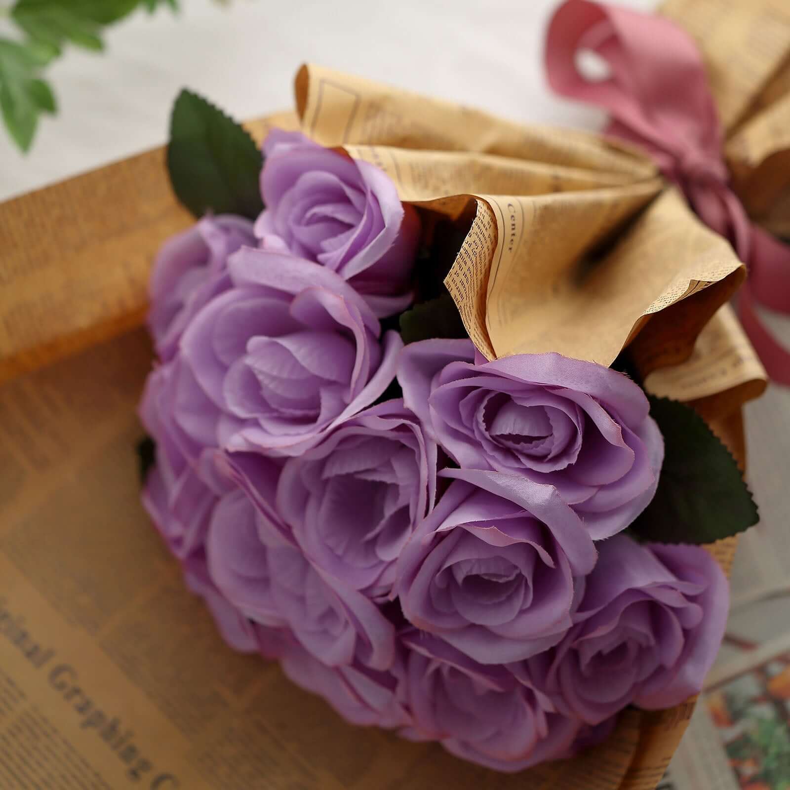 12" Lavender Lilac Artificial Velvet-Like Fabric Rose Flower Bouquet Bush