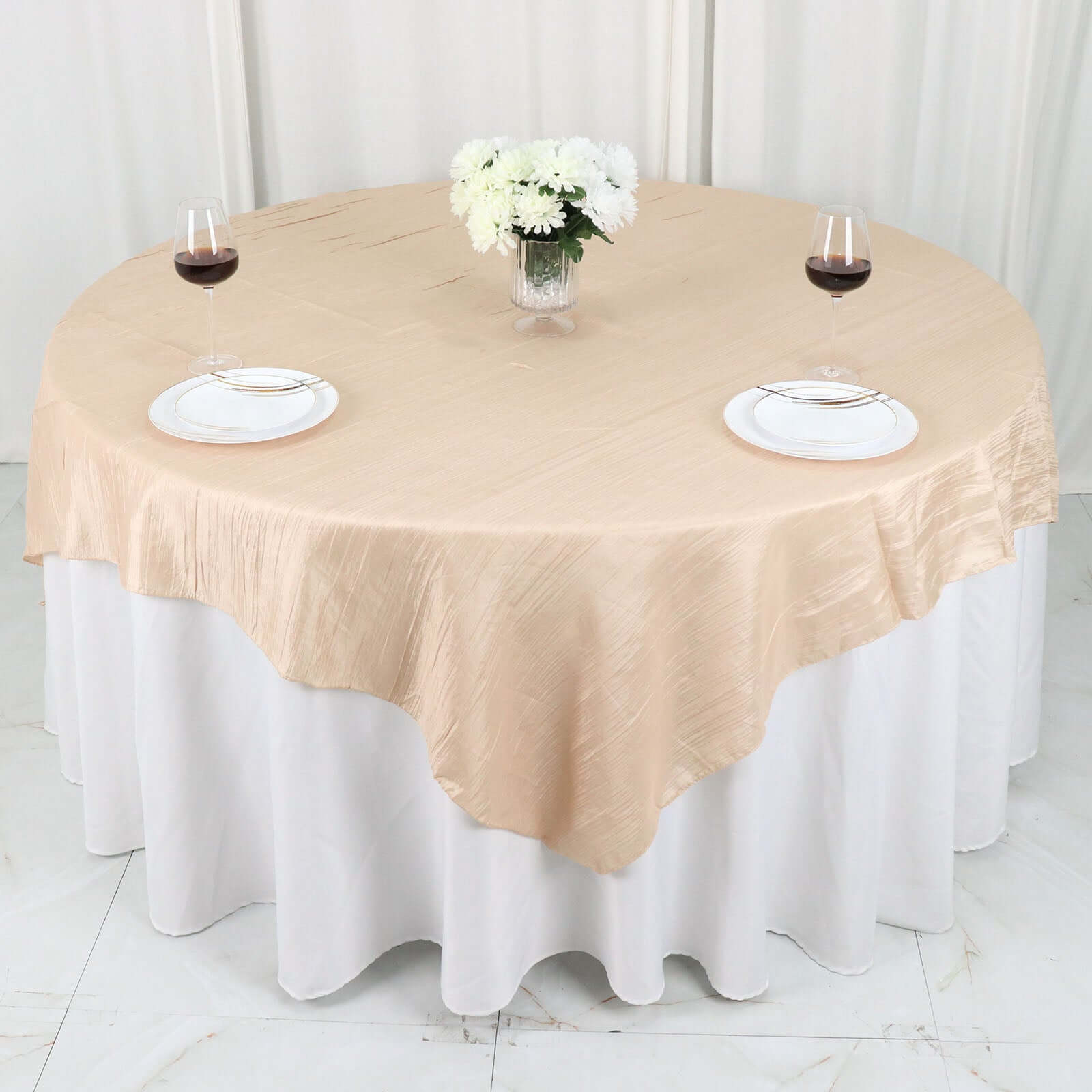 Taffeta 72"x72" Table Overlay Square Tablecloth Beige - Accordion Crinkle Table Cover