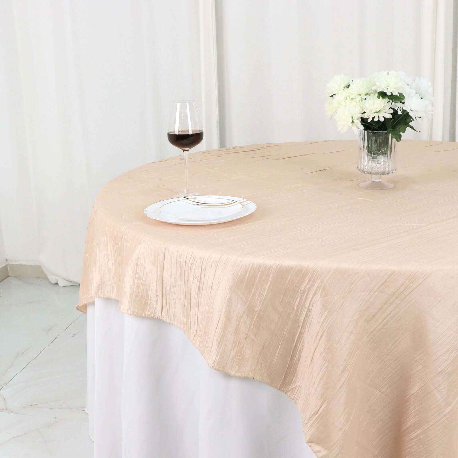 Taffeta 72"x72" Table Overlay Square Tablecloth Beige - Accordion Crinkle Table Cover