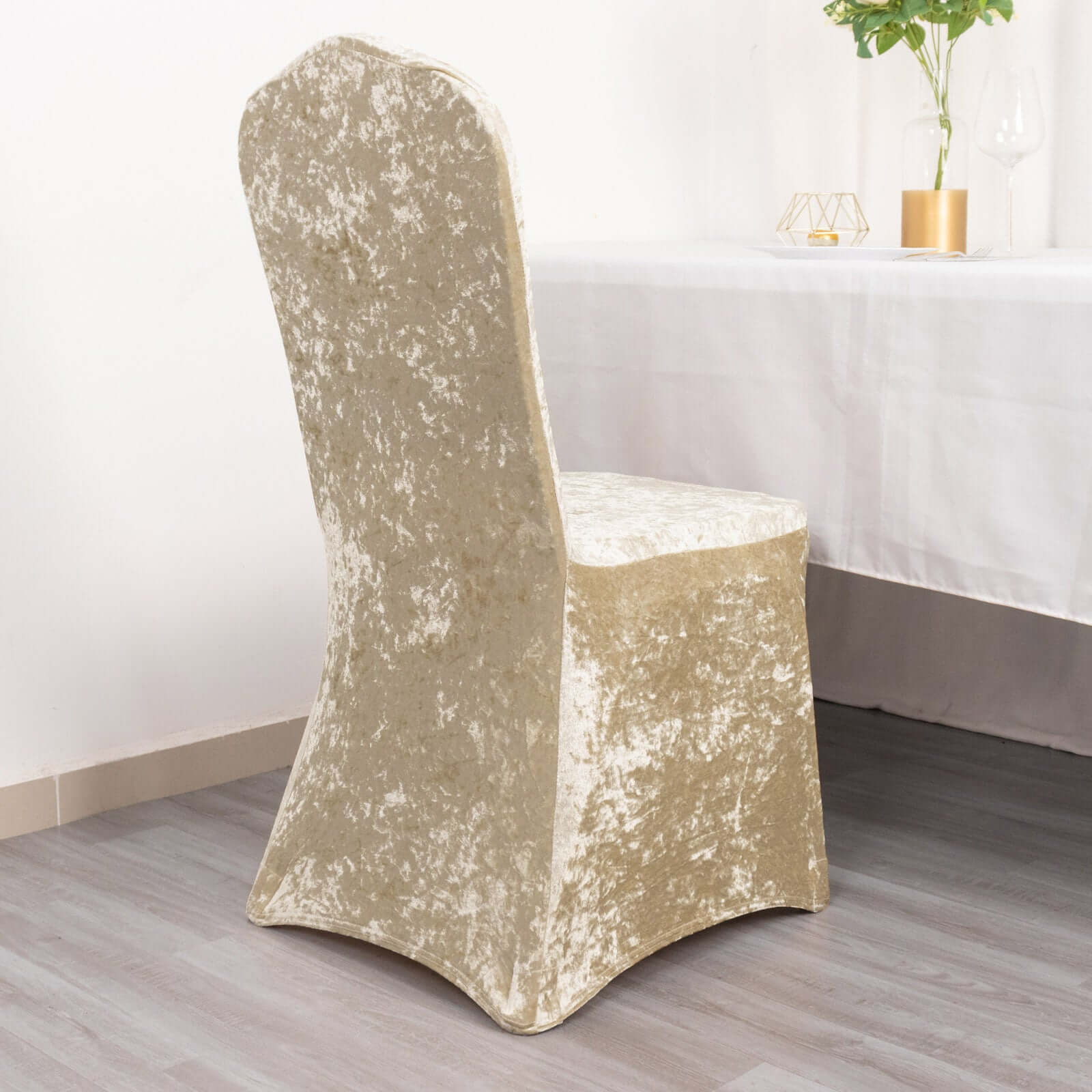Crushed Velvet Spandex Banquet Chair Cover Fitted Slipcover Beige - Stretch 190GSM Slipcover with Foot Pockets