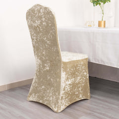 Crushed Velvet Spandex Banquet Chair Cover Fitted Slipcover Beige - Stretch 190GSM Slipcover with Foot Pockets