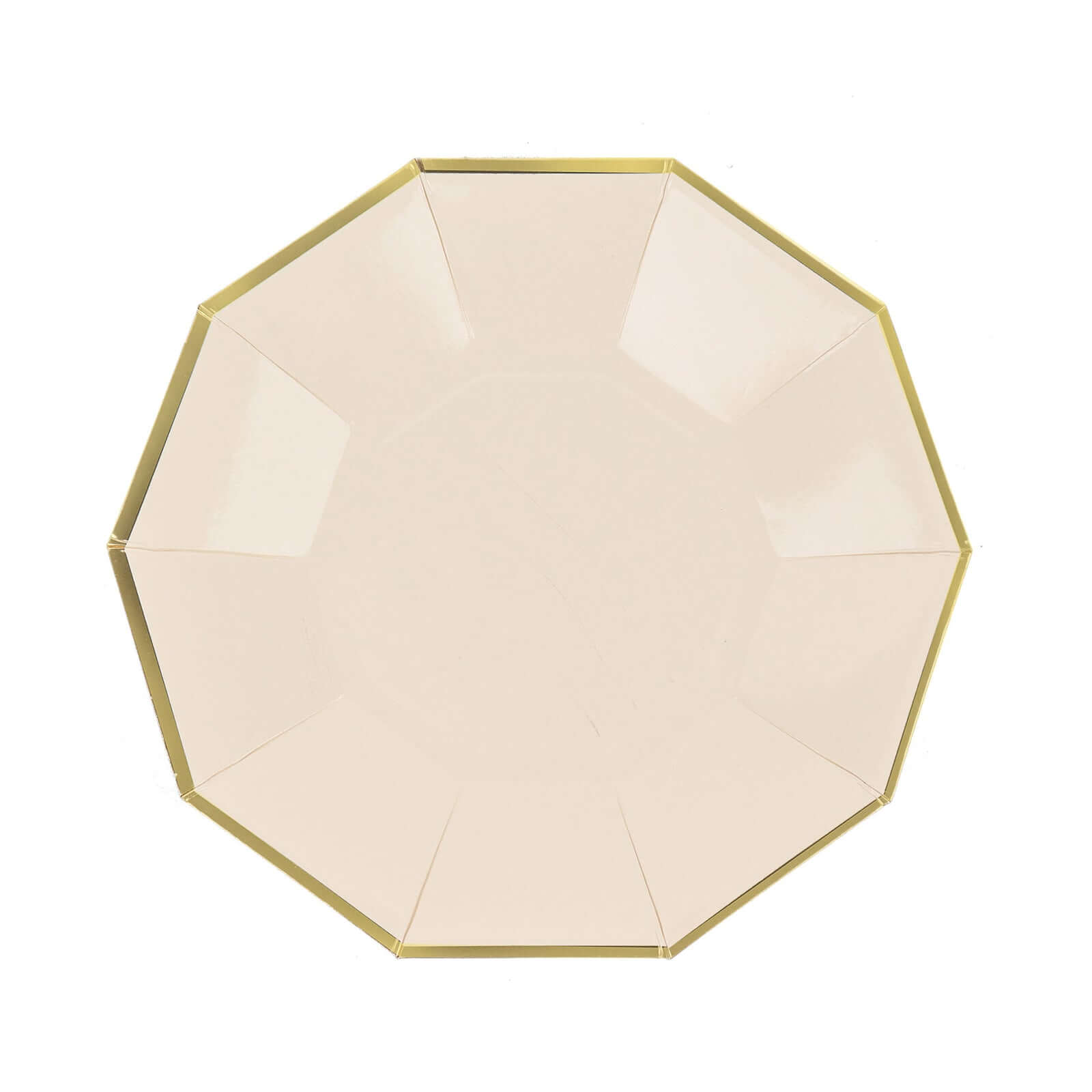 25-Pack Paper 7" Decagon Appetizer Plates in Beige with Gold Foil Rim