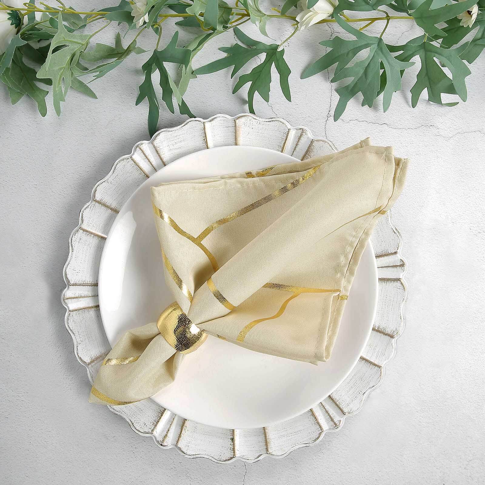 5 Pack Polyester 20"x20" Napkins Beige with Gold Geometric Foil Pattern - Modern Reusable Dinner Napkins