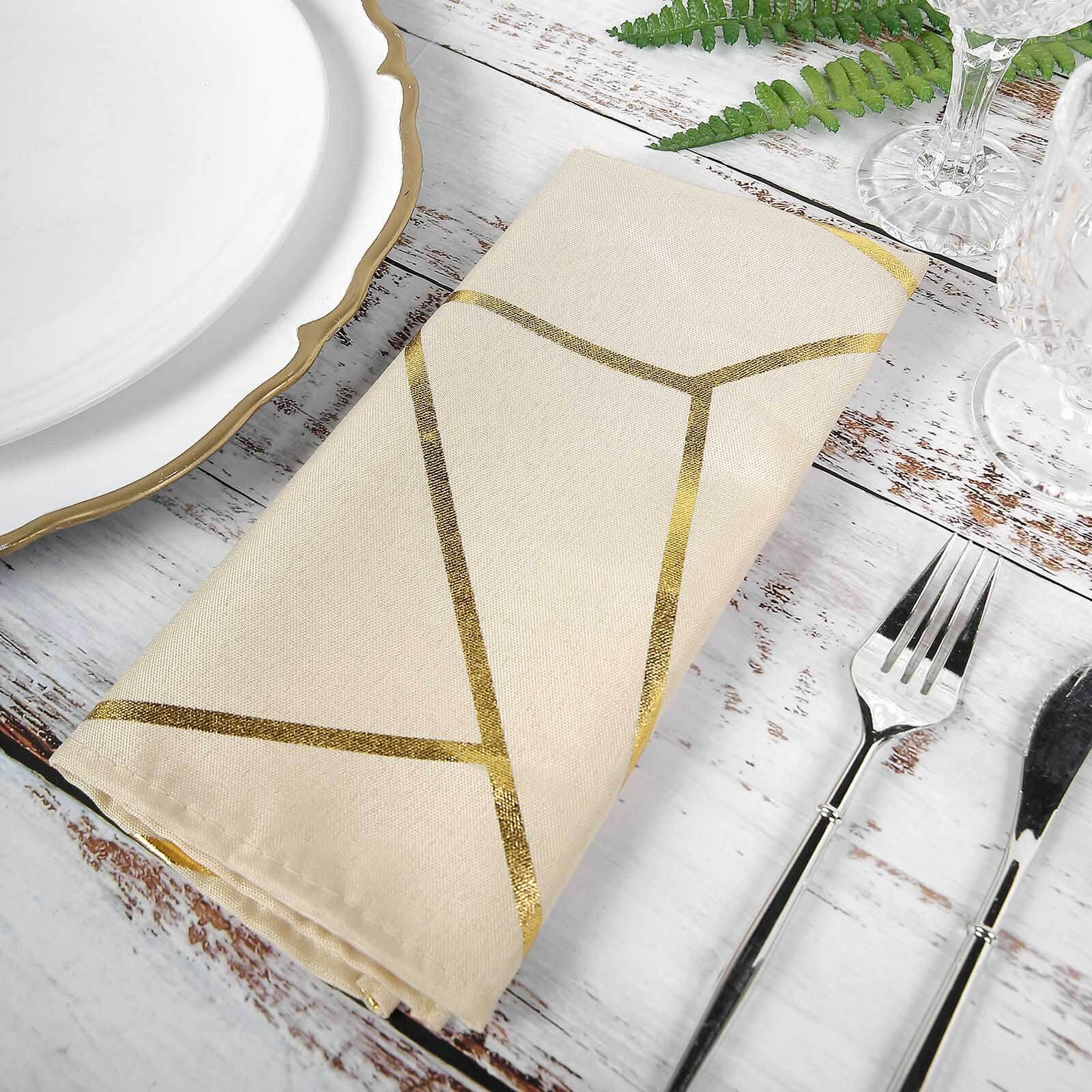 5 Pack Polyester 20"x20" Napkins Beige with Gold Geometric Foil Pattern - Modern Reusable Dinner Napkins