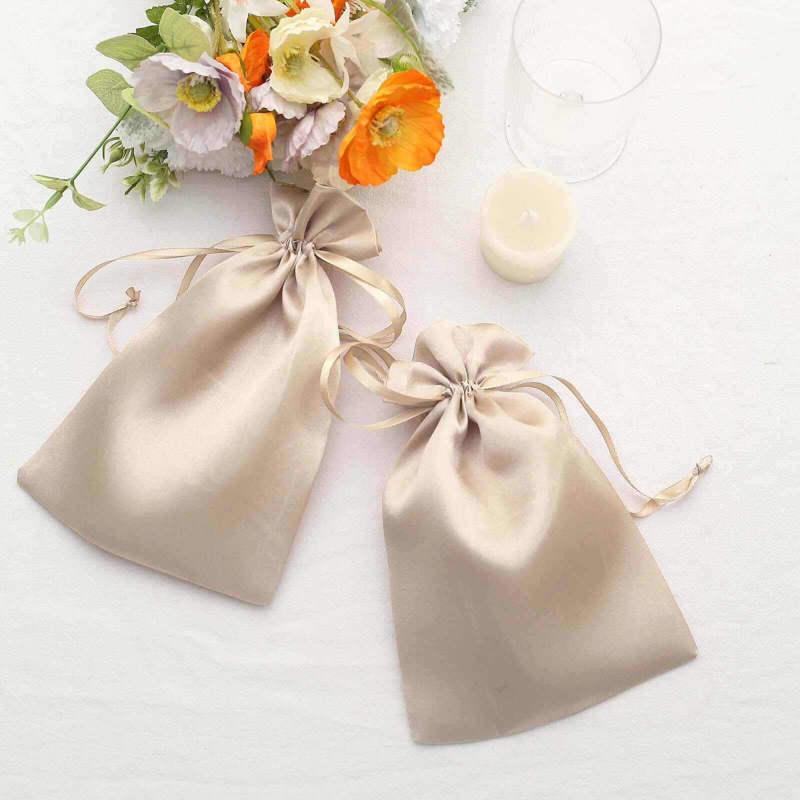 12 Pack 6"x9" Beige Satin Drawstring Wedding Party Favor Gift Bags