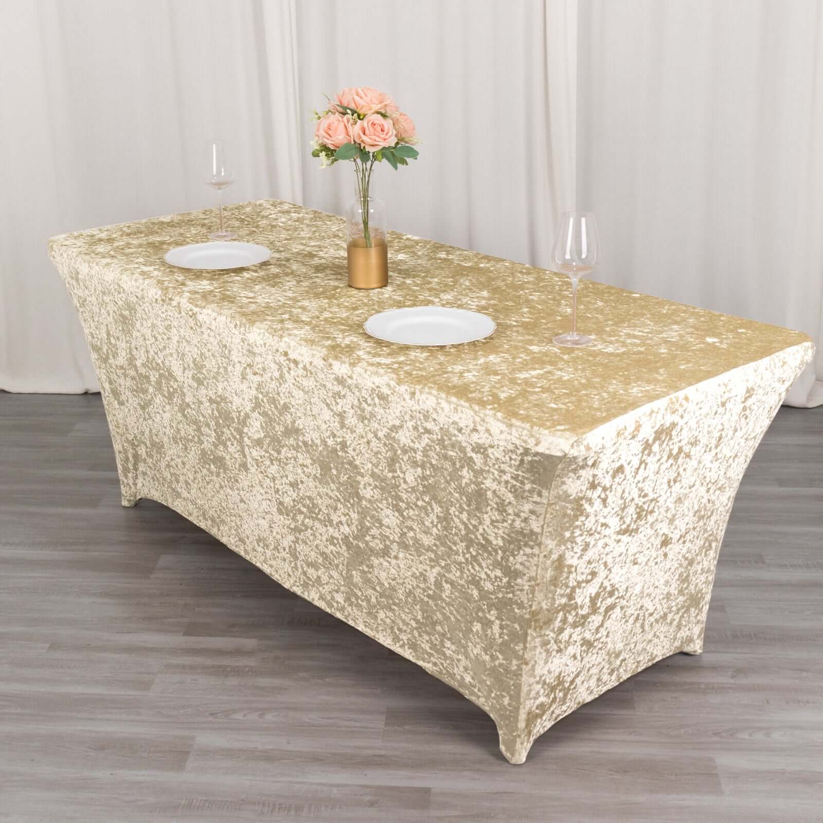 Crushed Velvet Fitted Rectangular 6ft Table Cover Beige - Wrinkle-Free Stretchy Tablecloth