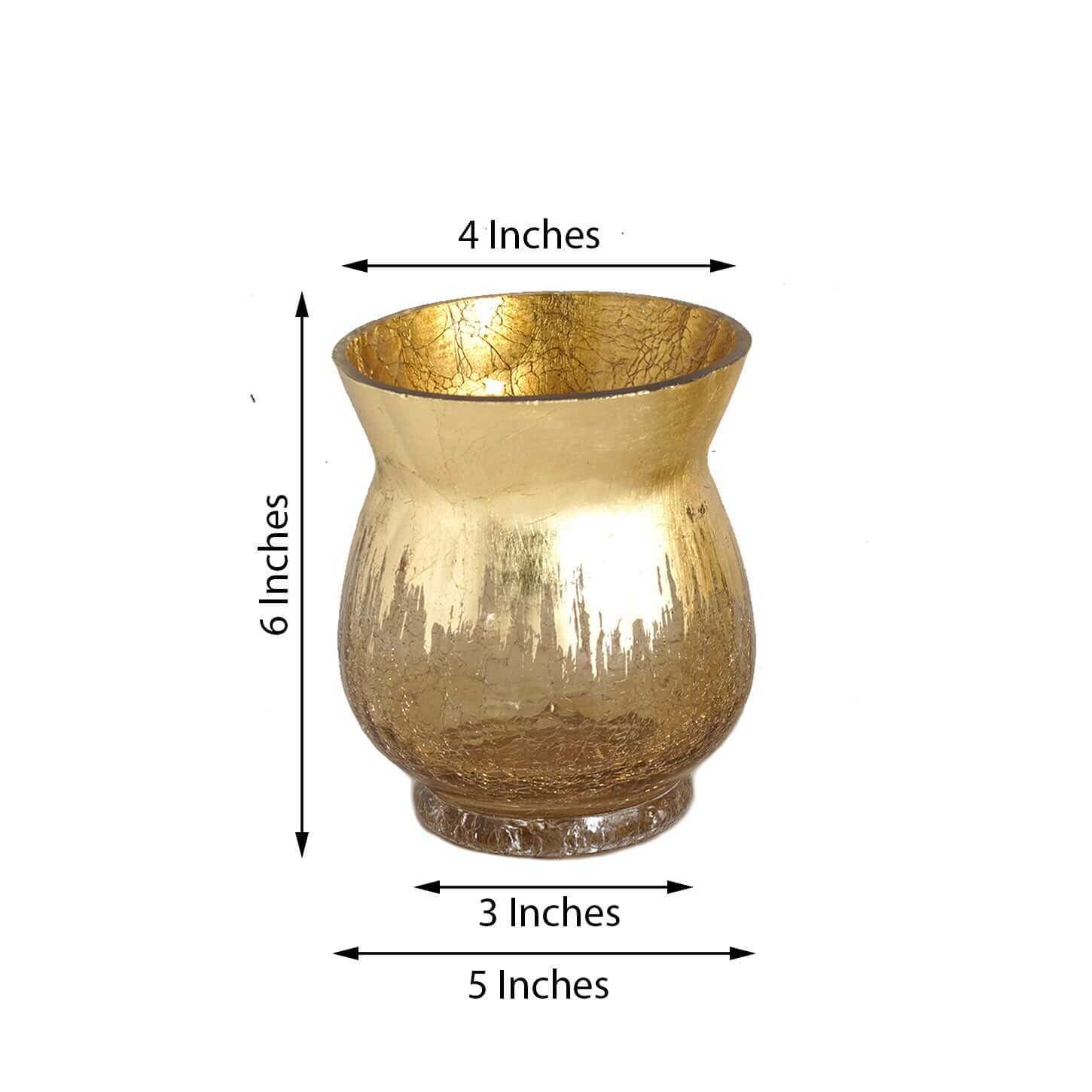 2-Pack Glass Hurricane Vases Bell Shaped Crackle Gold Curvy Design - Decorative Candle Holder Centerpieces 6"