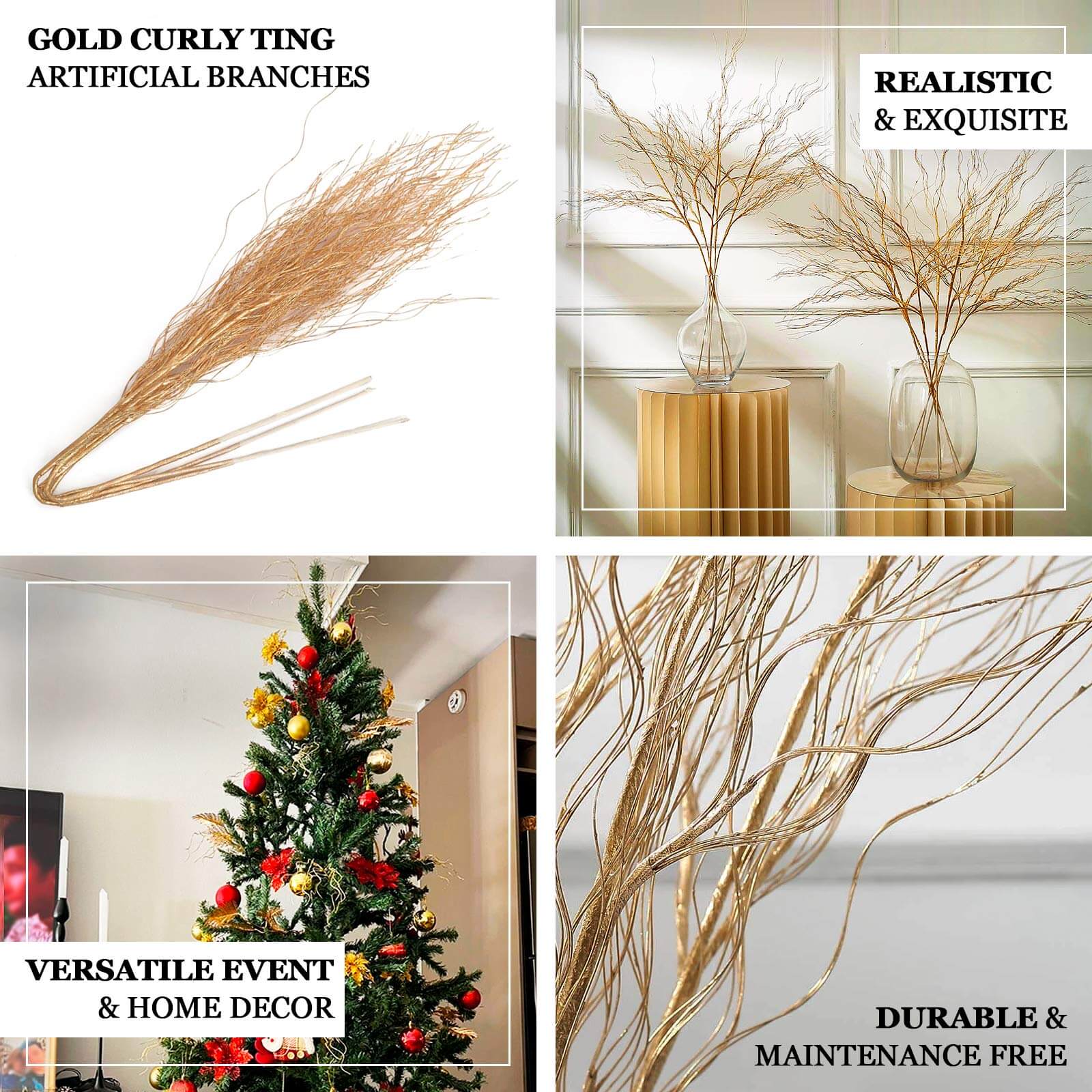 4-Pack Artificial Curly Willow Branches Metallic Gold - Decorative Bendable Long Stem Twig Sprays for Weddings Photo Shoots & Floral Designs 39"