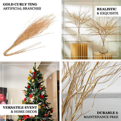4-Pack Artificial Curly Willow Branches Metallic Gold - Decorative Bendable Long Stem Twig Sprays for Weddings Photo Shoots & Floral Designs 39"