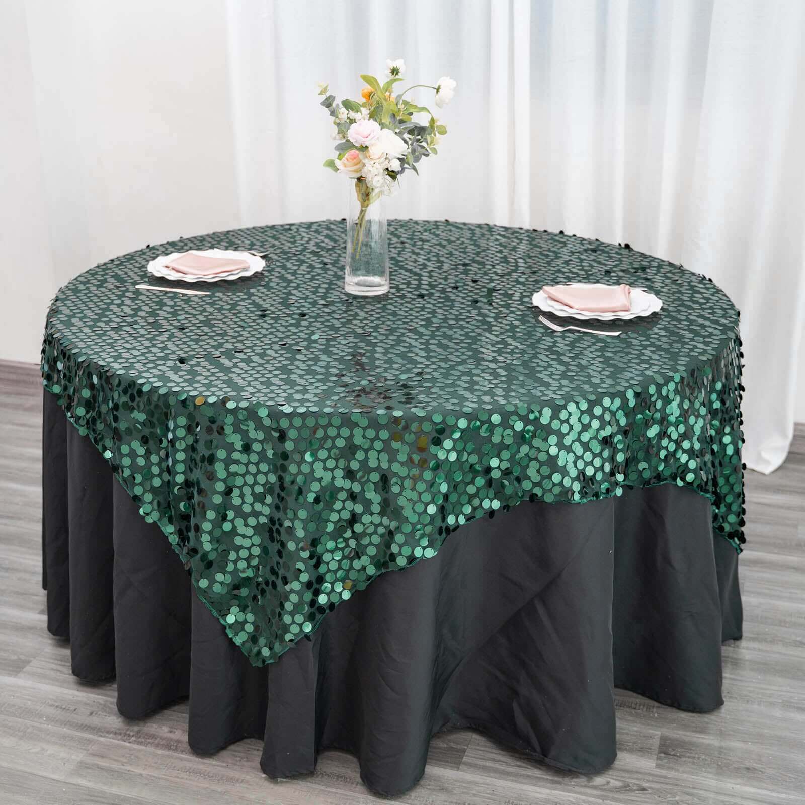 Sequin 72"x72" Table Overlay Square Tablecloth Hunter Emerald Green - Big Payette Table Cover