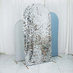 Set of 3 Dusty Blue Silver Round Top Fit Wedding Arch Frame Covers, Big Payette Sequin, Shimmer Tinsel and Matte Spandex Backdrop Stand Covers