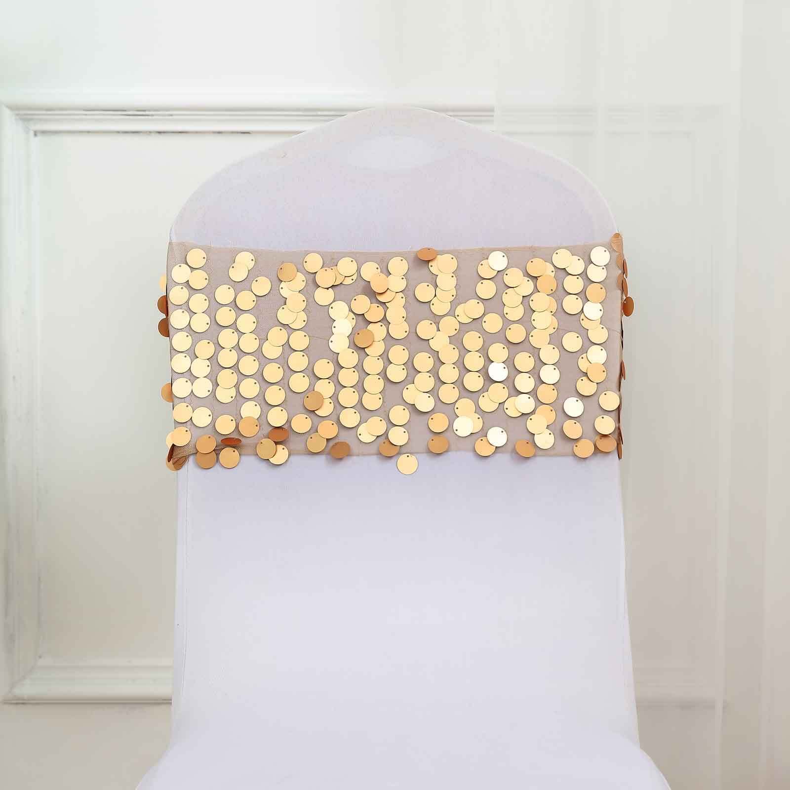 5 Pack Big Payette Sequin 13"x10" Chair Sash Bands Matte Champagne - Stylish Glittering Decor for Weddings & Gatherings