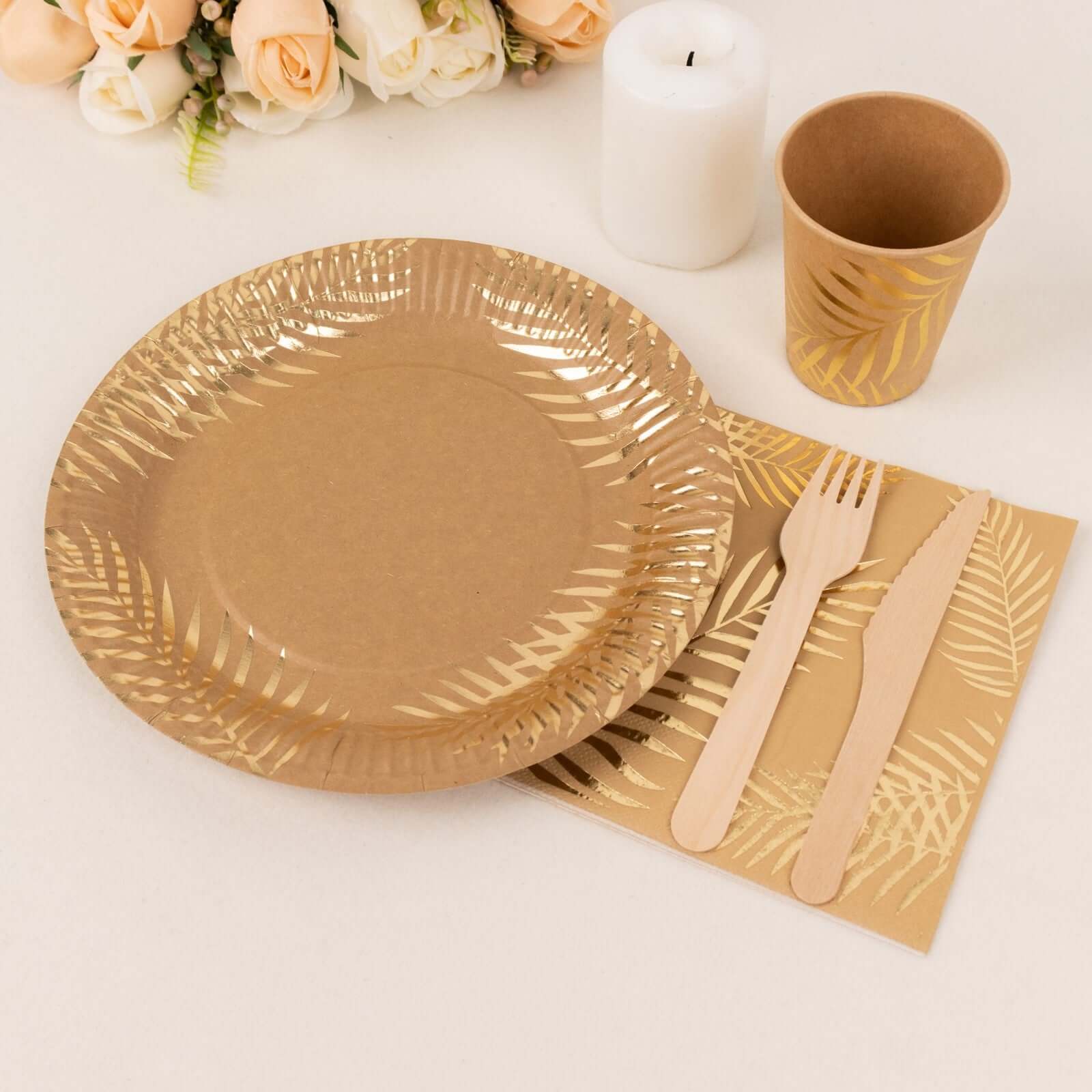 72 Pcs Paper Dinnerware Set with Gold Foil Palm Leaves Print Natural - Disposable Tableware Combo-Pack with Plates and Cups