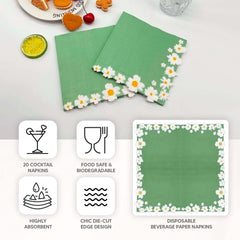 20-Pack Paper Beverage Napkins with Daisy Flower Design Sage Green - 2 Ply Soft 18GSM Floral Wedding Napkins 6.5"x6.5"