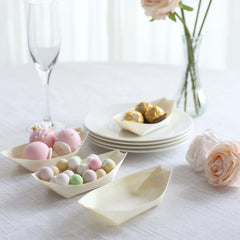 50-Pack Pine Wood Boat Shaped Food Trays Natural Compostable Design - 100% Biodegradable Sushi Snack Plates 6"