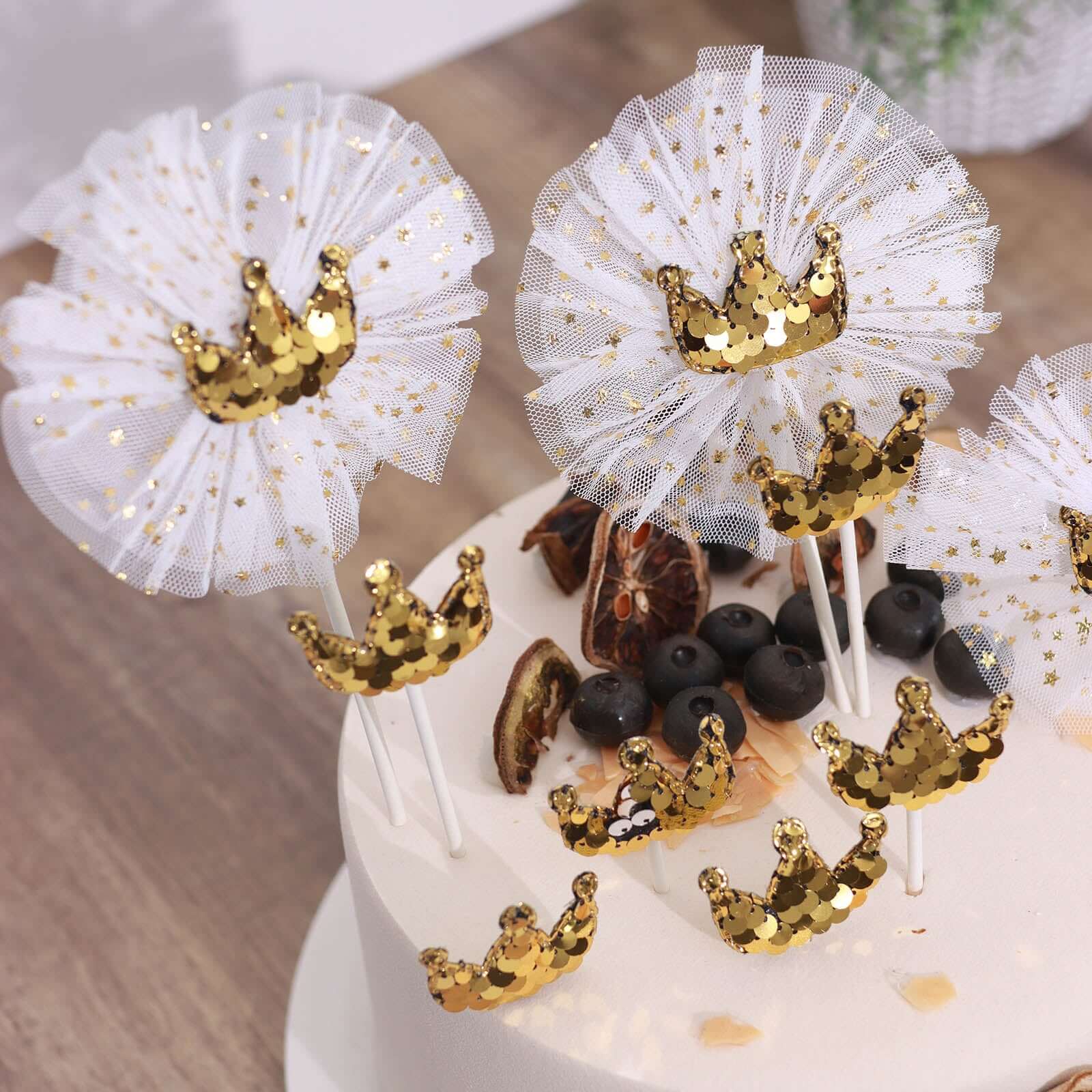 9-Pack Sequin Crown and Tutu Cupcake Cake Toppers Gold - Shimmering Princess Inspired Cake Inserts DIY Party Decoration Supplies
