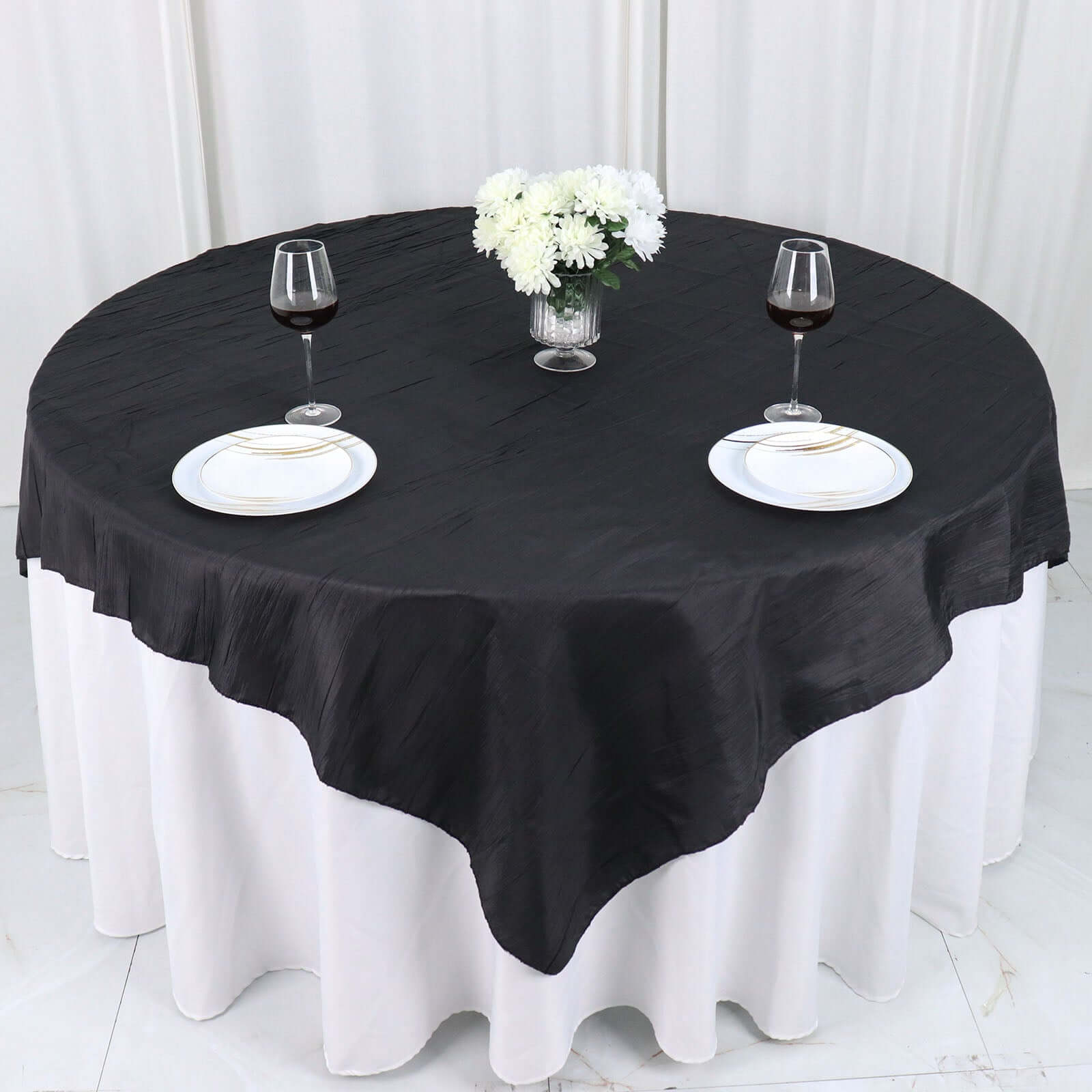 Taffeta 72"x72" Table Overlay Square Tablecloth Black - Accordion Crinkle Table Cover