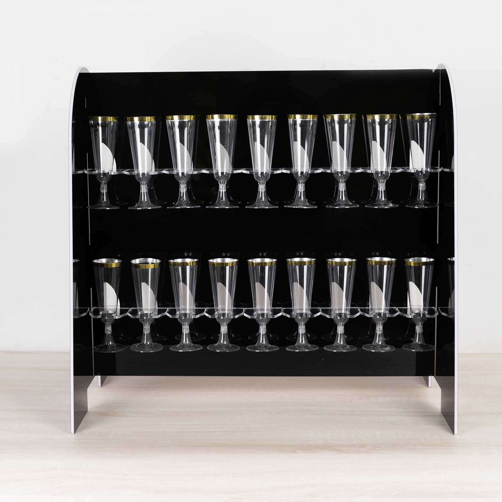 2-Tier Champagne Glass Holder Display Stand Table Top in Glossy Black - Modern Stemware Rack Cocktail Drink Holder with 18 Hooks for Events & DIY Bars 25"