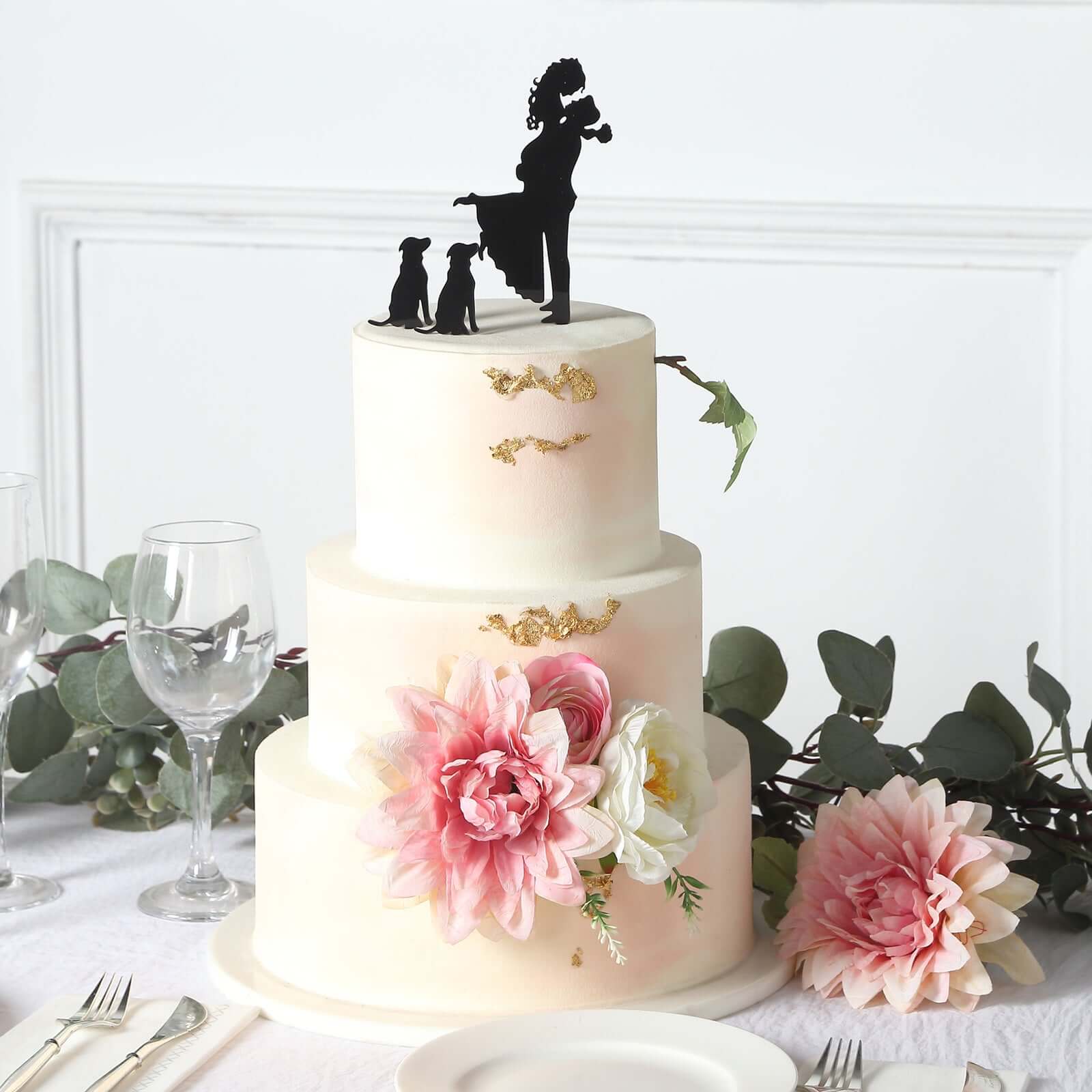 Acrylic Cake Toppers Black Silhouette Design of Bride, Groom, and Pet Dogs - Wedding Cake Decoration Set 7"