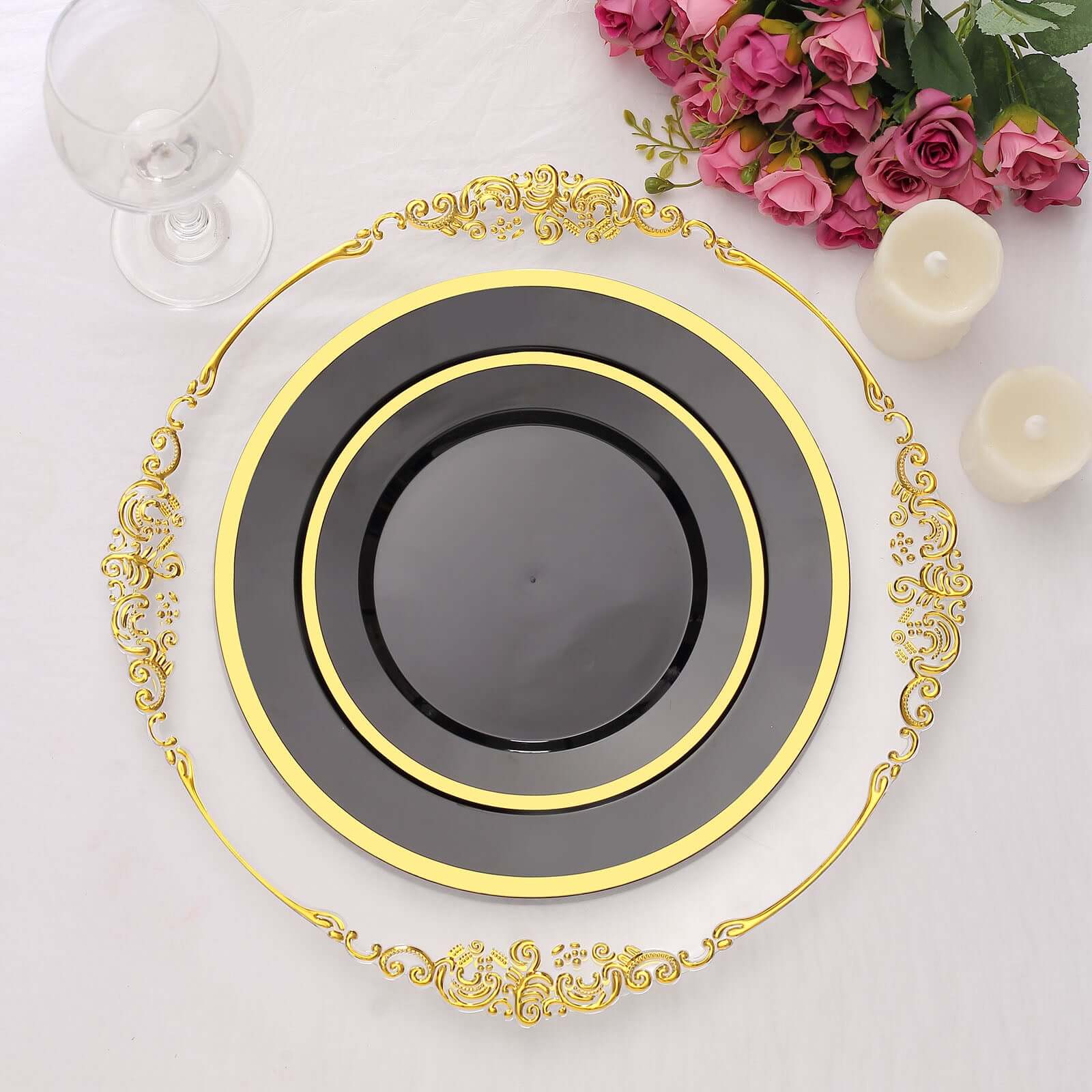 10-Pack Plastic 10" Round Dinner Plates in Black with Gold Rim - Disposable Party Plates for Classy Banquets & Special Occasions