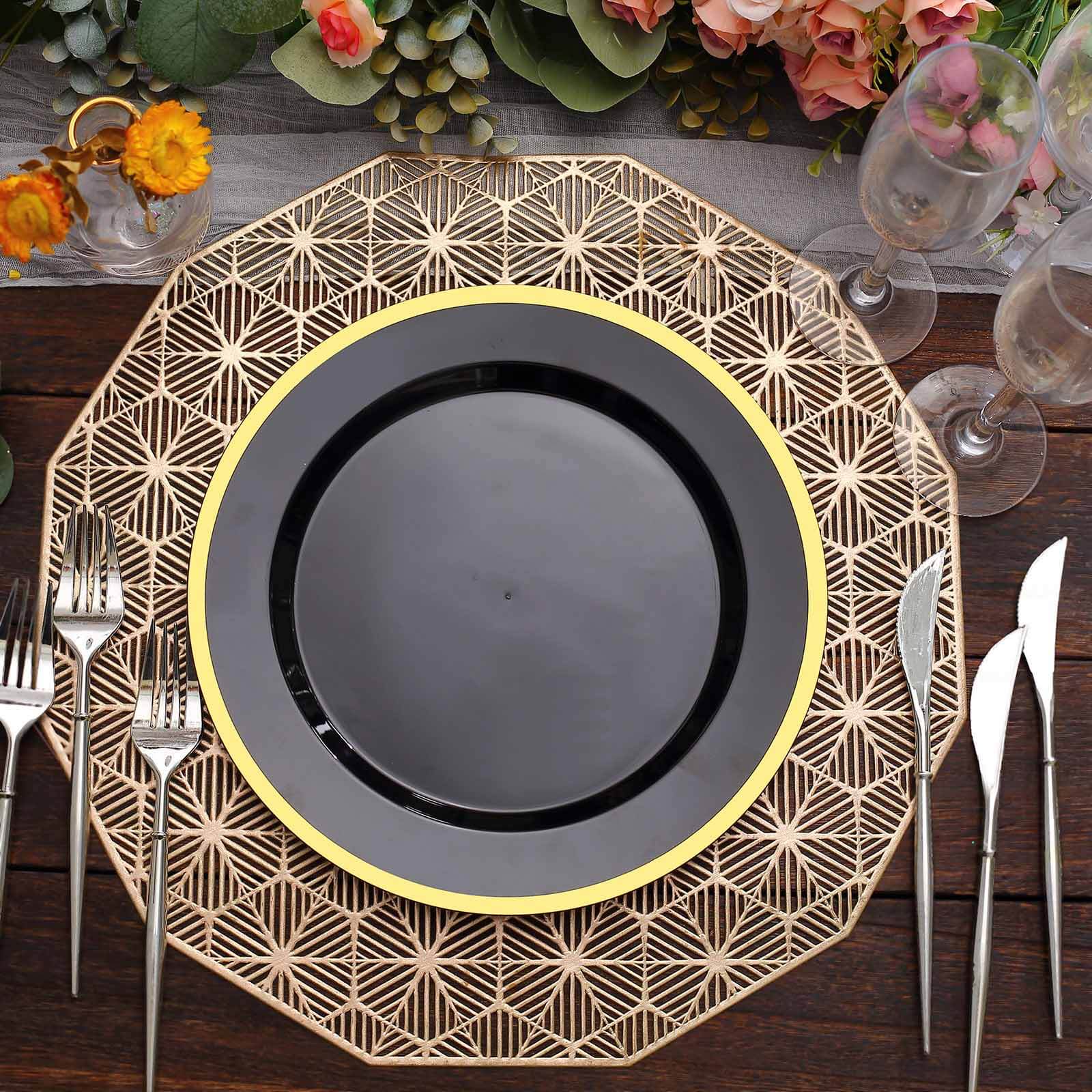 10-Pack Plastic 10" Round Dinner Plates in Black with Gold Rim - Disposable Party Plates for Classy Banquets & Special Occasions
