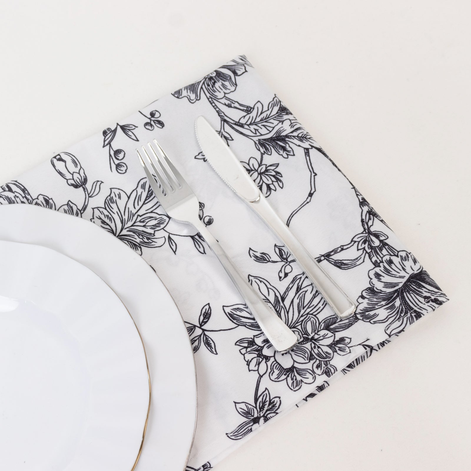 5 Pack Polyester 20"x20" Dinner Napkins White with Black French Toile Pattern - Reusable Floral Cloth Napkins