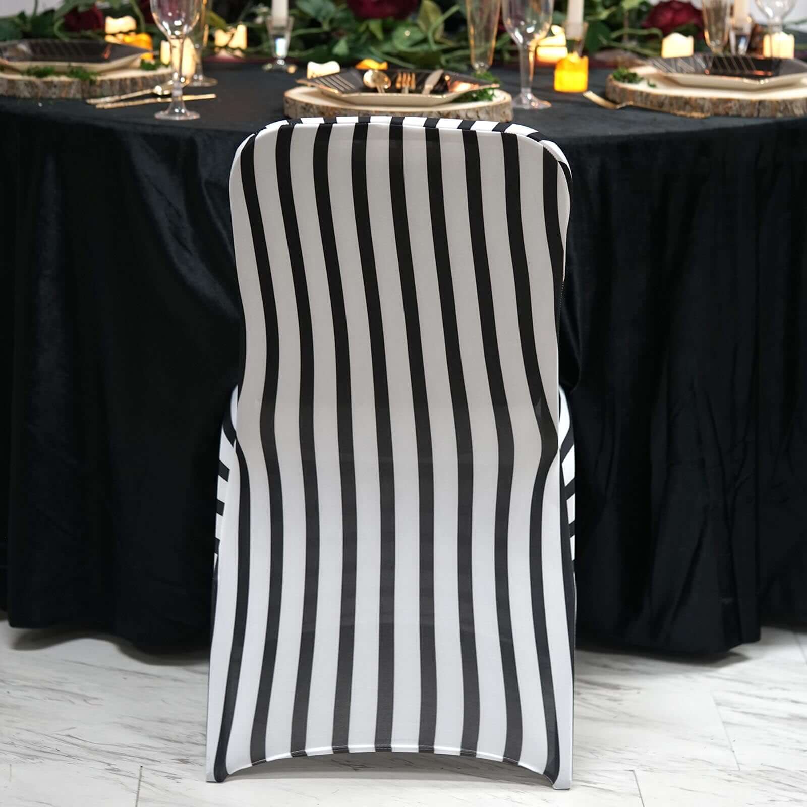 Spandex Chair Cover with Foot Pockets for Banquet Chairs Black/White Striped - Durable Stretch Fitted Slipcover for Weddings & Gatherings
