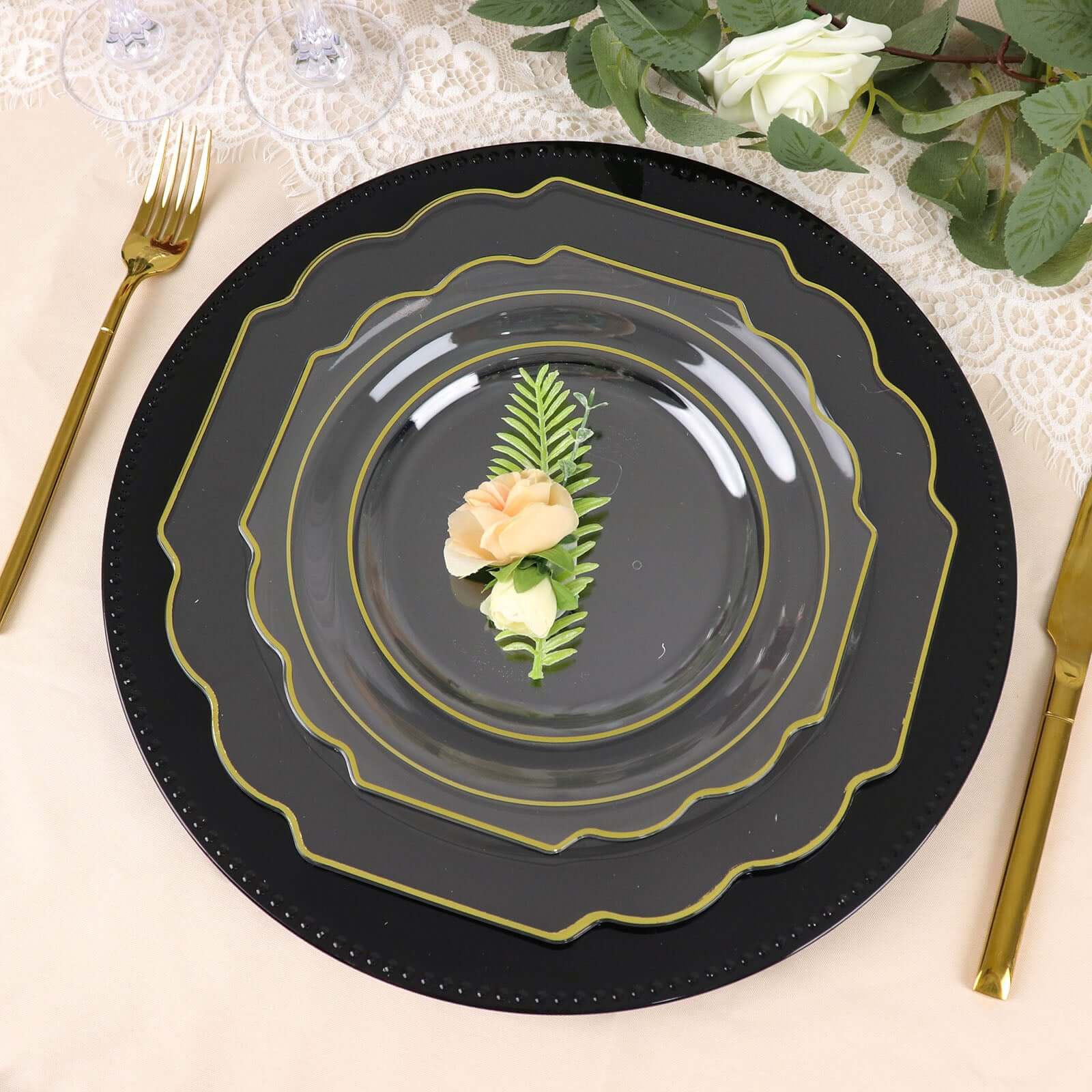 10-Pack Plastic Dessert Appetizer Plates in Clear Baroque Design with Scalloped Gold Rim - Heavy Duty Disposable Salad Plates 8"