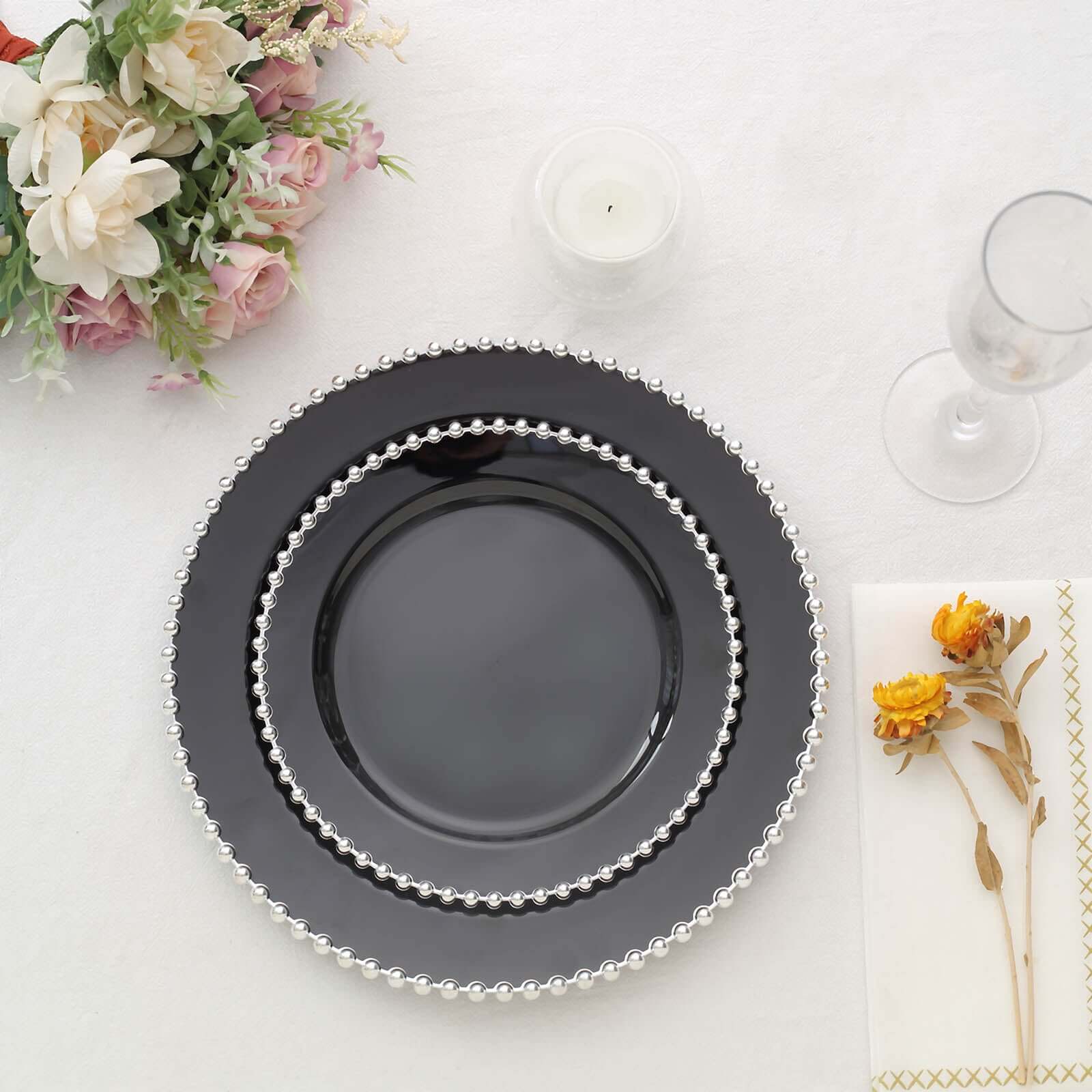 10-Pack Plastic 10" Round Dinner Plates in Black with Silver Beaded Rim - Disposable Party Plates for Banquets & Festive Occasions