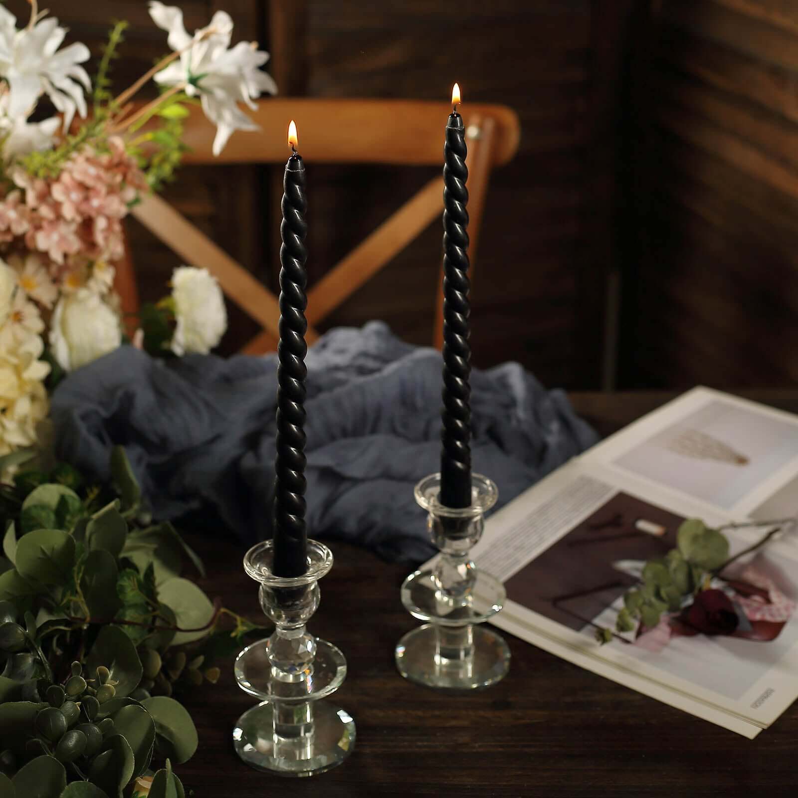 12-Pack Taper Candles Spiral Long Burn Wick Design Black - Premium Unscented Wax Dinner Candle Sticks 11"