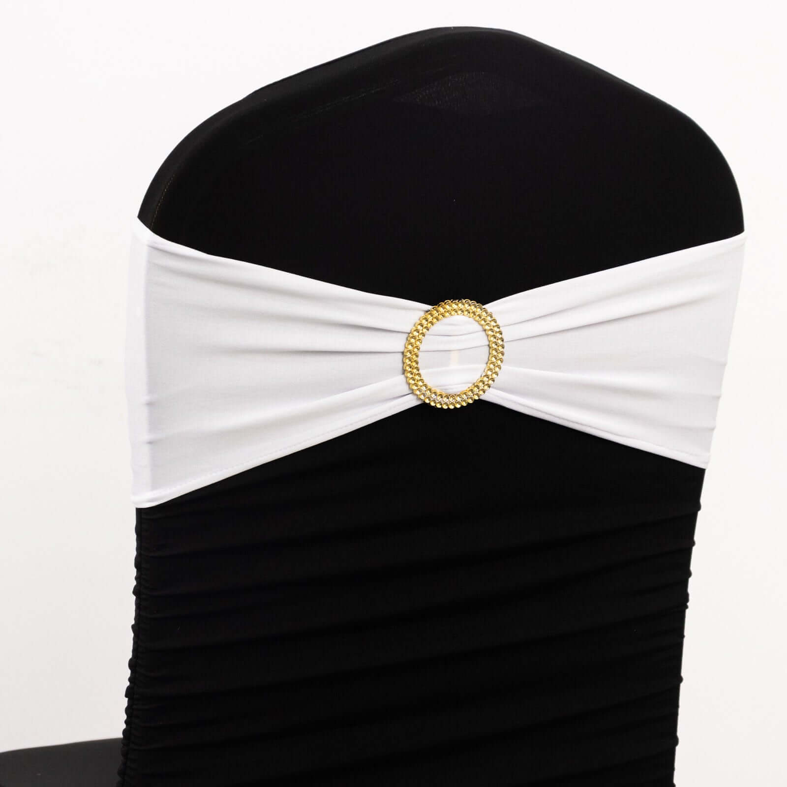 5 Pack Spandex Chair Sashes White with Gold Rhinestone Buckles - Reusable Four-Way Stretch Sash Bands for Classy & Effortless Wedding & Party Decor 5"x14"