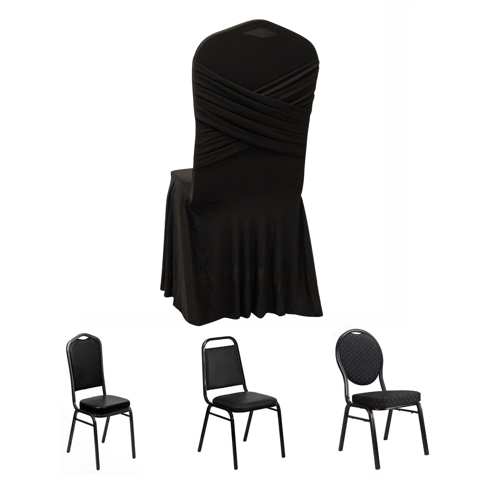 Black Spandex Banquet Chair Cover with Ruffle Skirt & Cross Back Sash – Stretch Slipcover for Events