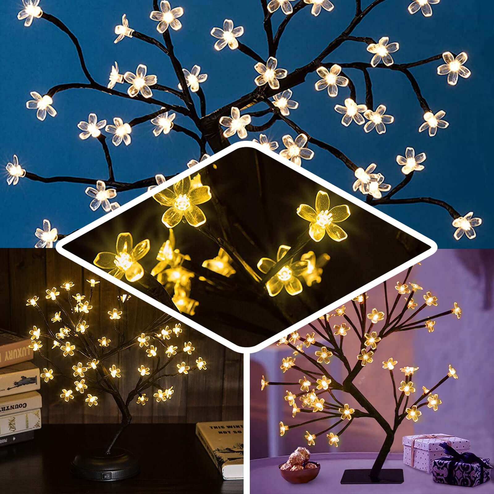 2-Pack Artificial Tree Centerpieces Cherry Blossom Design Black with 36 Warm White LEDs - Battery Operated Table Décor