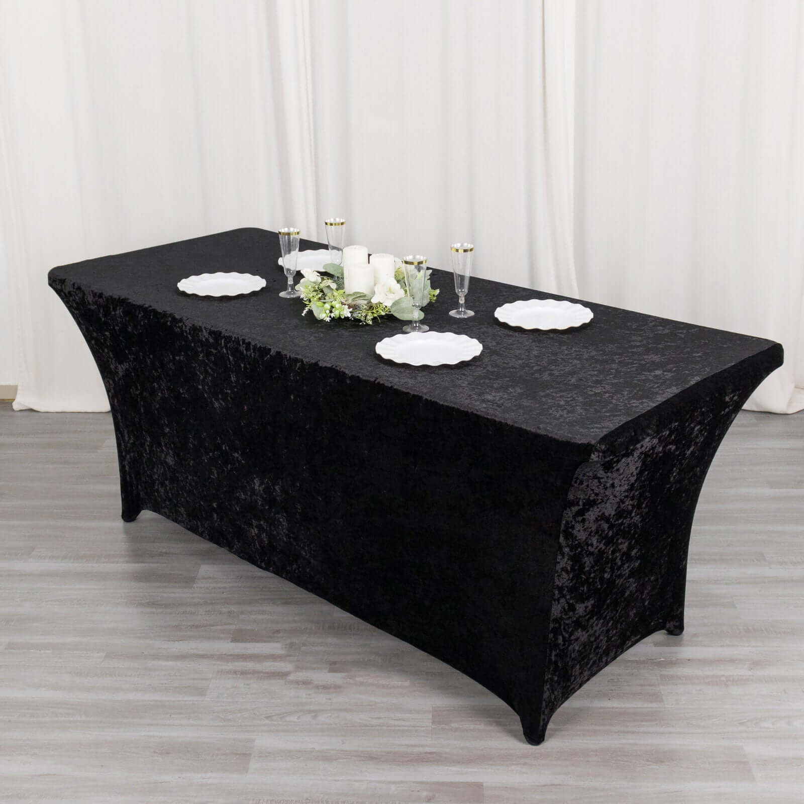 Crushed Velvet Fitted Rectangular 6ft Table Cover Black - Wrinkle-Free Stretchy Tablecloth