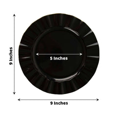 10-Pack Plastic 9" Round Dinner Plates in Black Ruffled Rim with Gold Edging - Sturdy Disposable Dinnerware