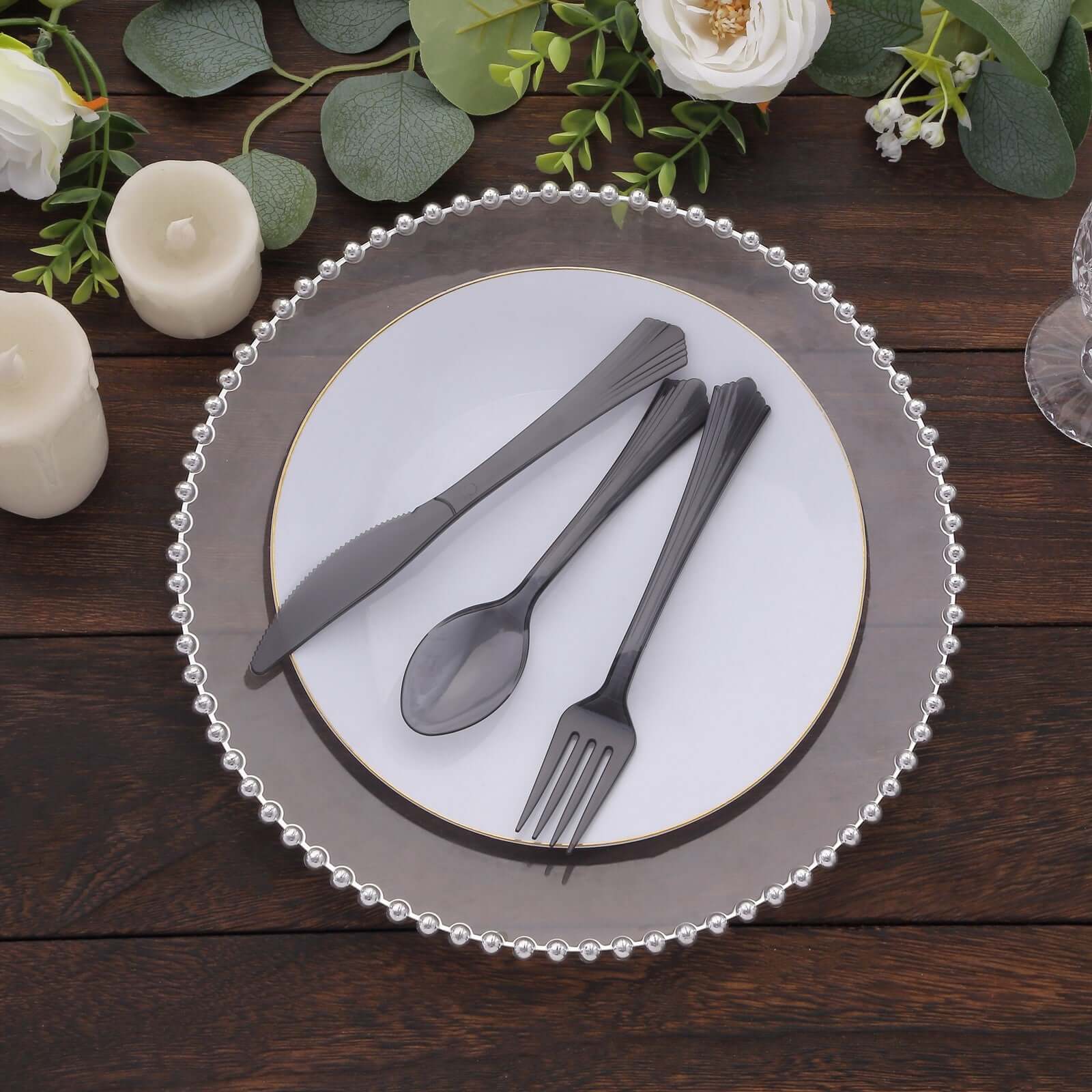 24-Pack Plastic Silverware Set with Fan Flared Tip Handle Transparent Black - Heavy Duty Disposable Utensils 7"