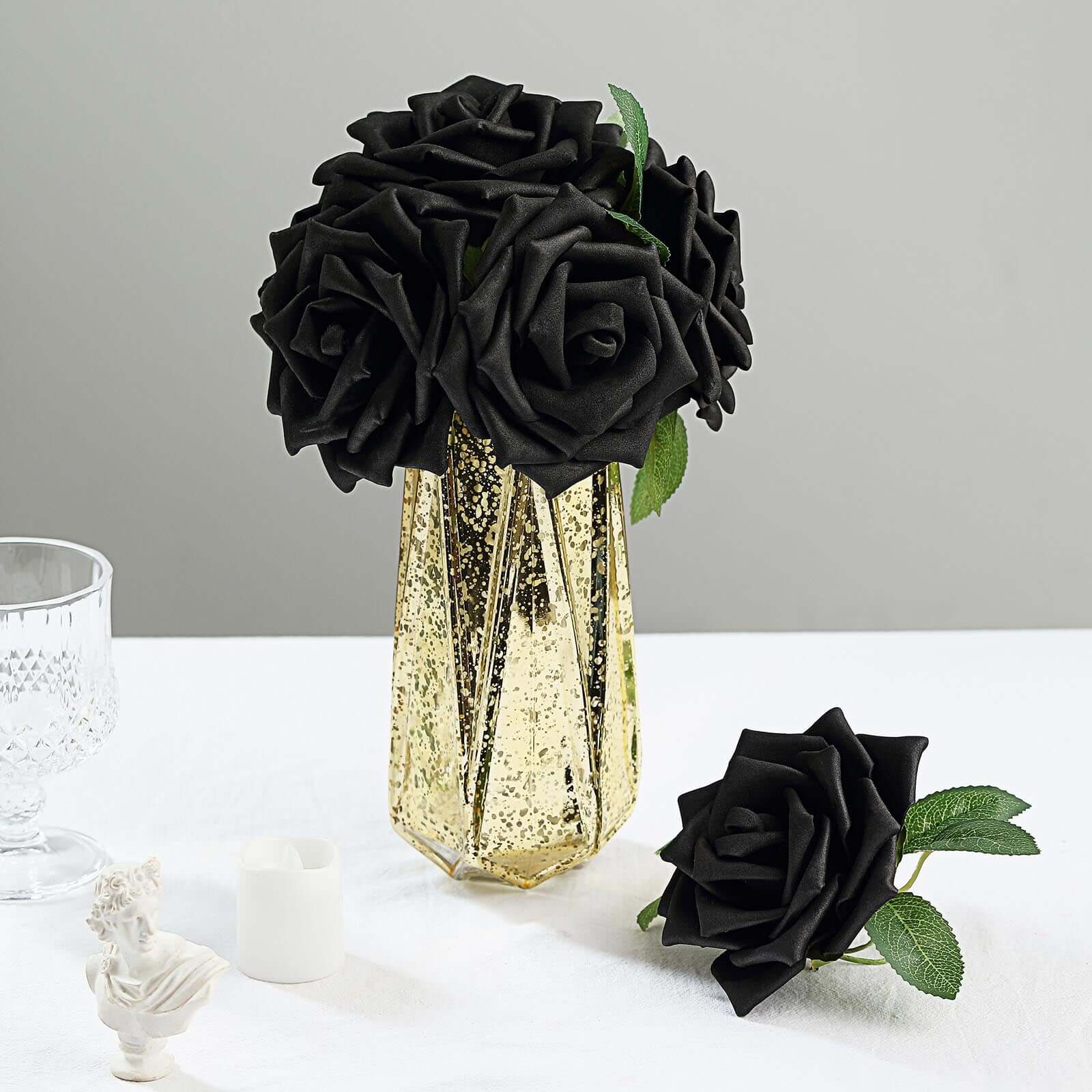 24 Roses 5" Black Artificial Foam Flowers With Stem Wire and Leaves