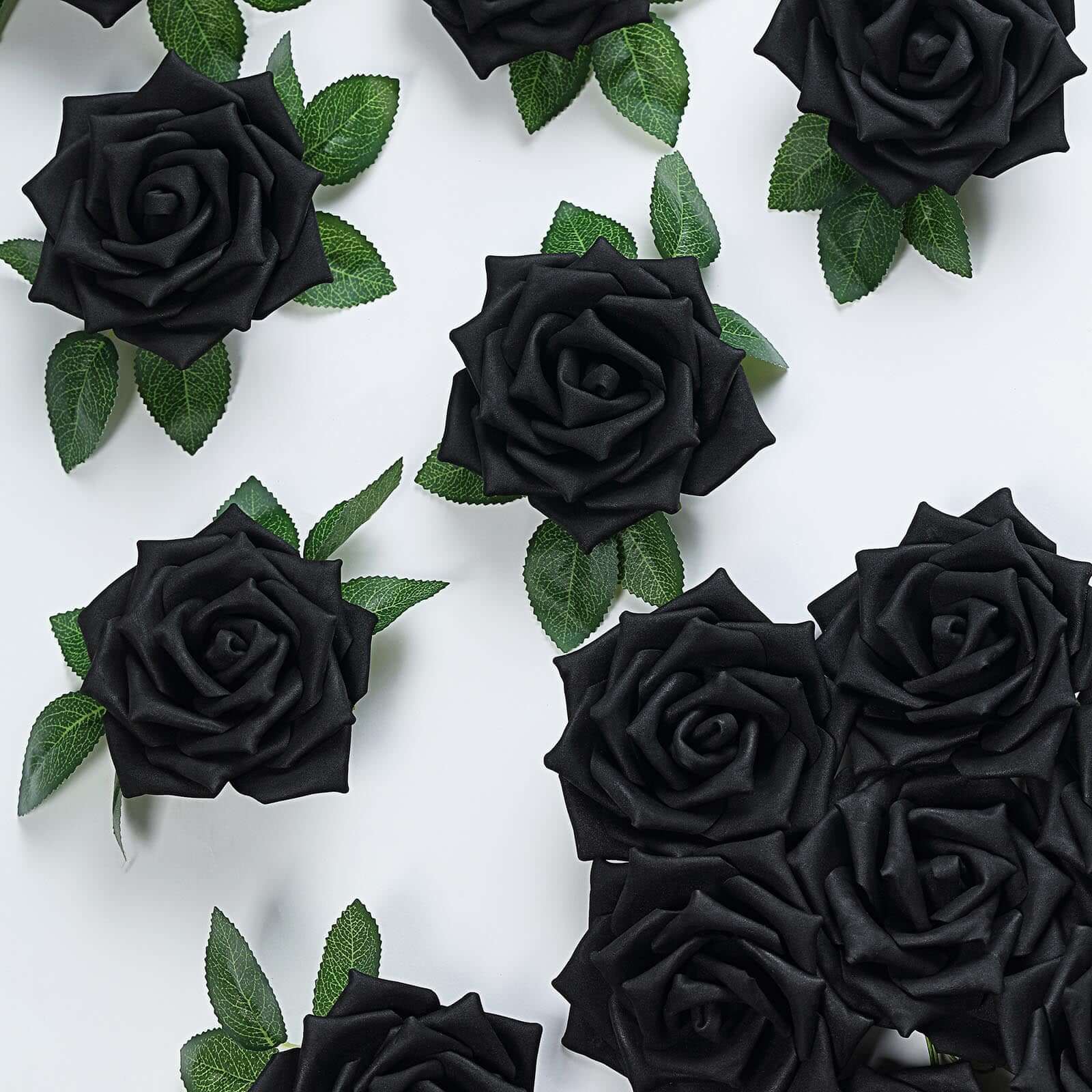 24 Roses 5" Black Artificial Foam Flowers With Stem Wire and Leaves