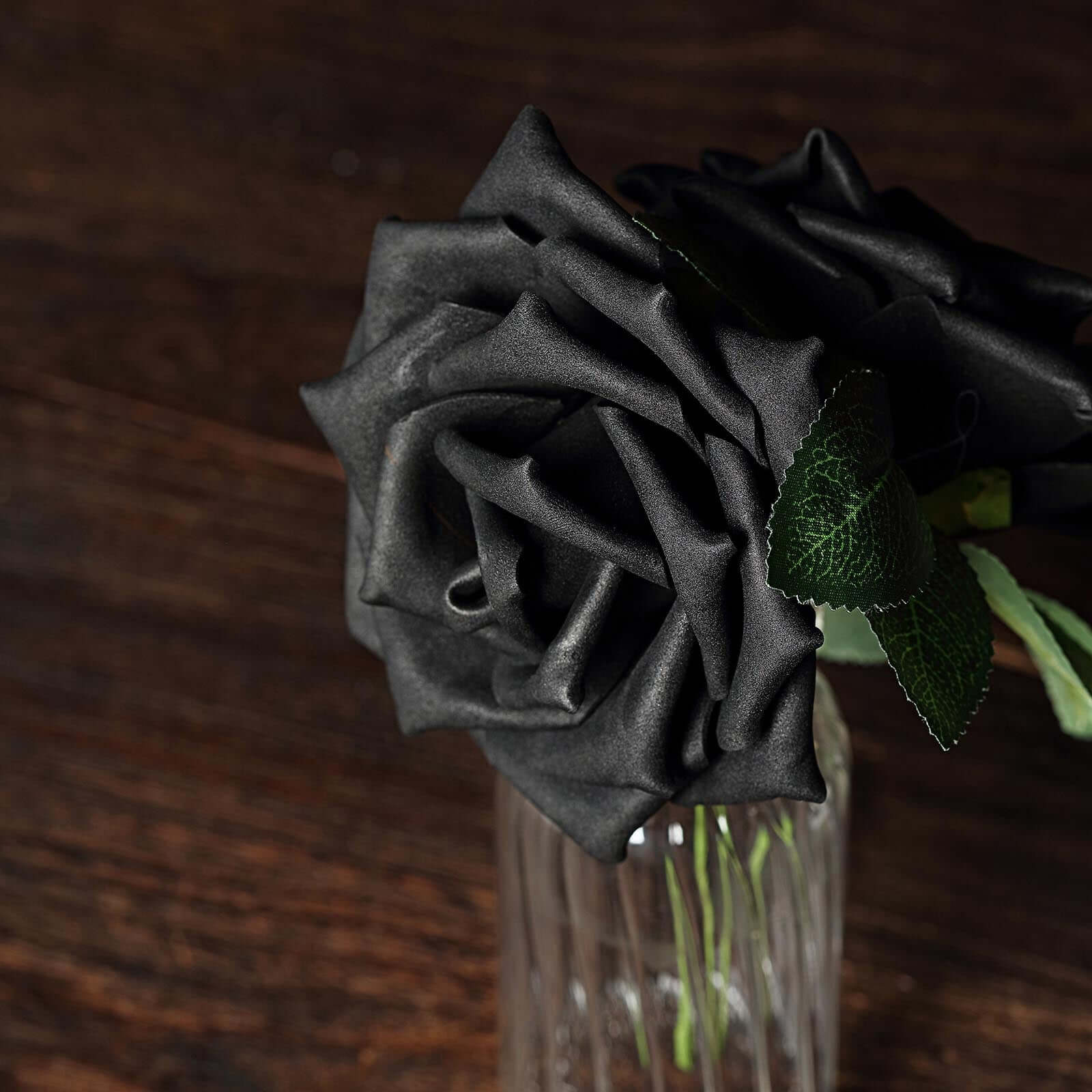 24 Roses 5" Black Artificial Foam Flowers With Stem Wire and Leaves