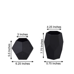 Set of 2 Glass Flower Vases Geometric Design Matte Black - Stylish Modern Candle Holder Centerpieces 5", 8"