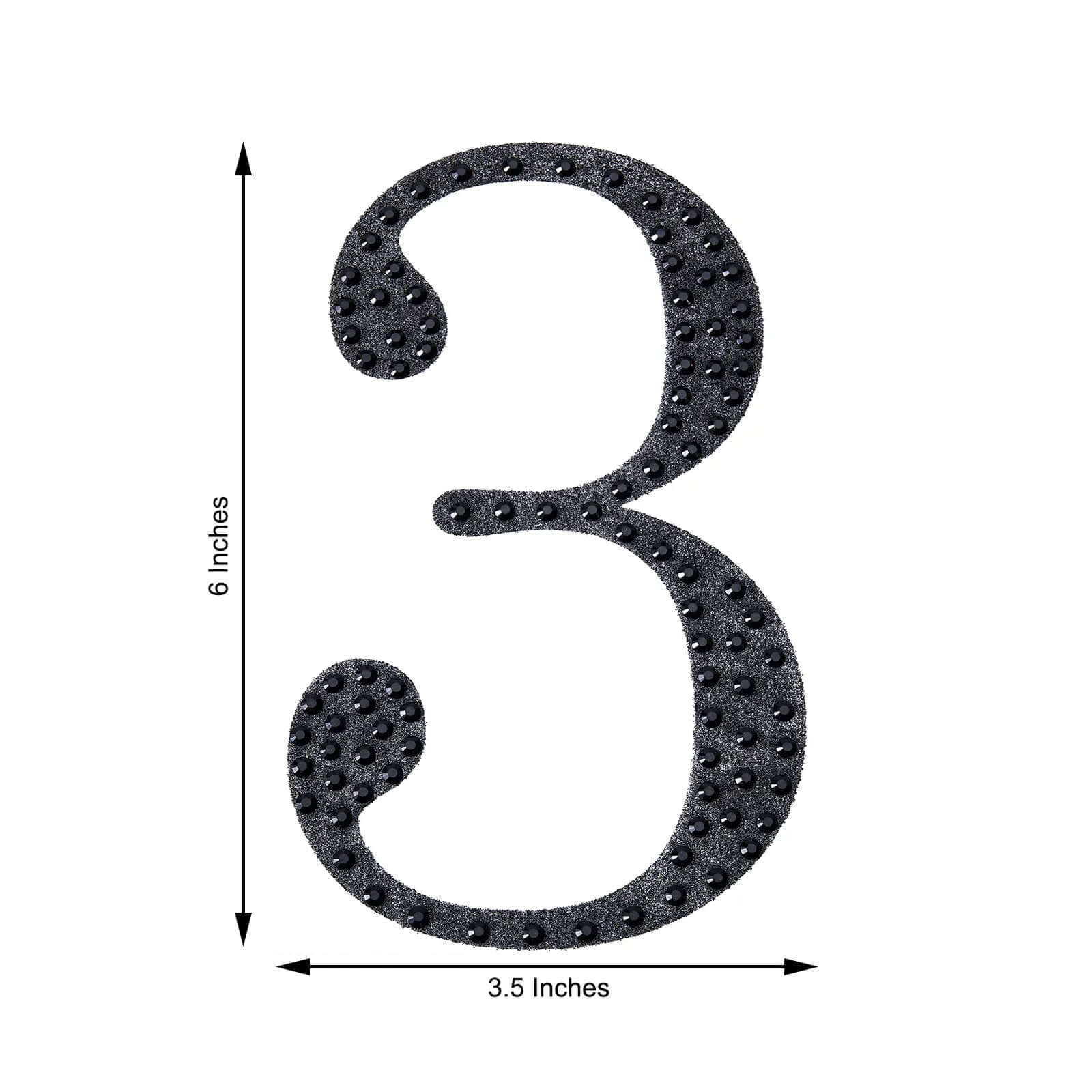 Decorative Rhinestone Number "3" Stickers, Glitter Adhesive Craft Numbers Black DIY Sparkle Embellishments 6"