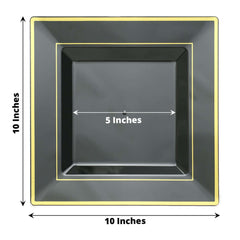 10-Pack Plastic Dinner Plates Black Square with Gold Trim - Lightweight Disposable Plates for Events 10"