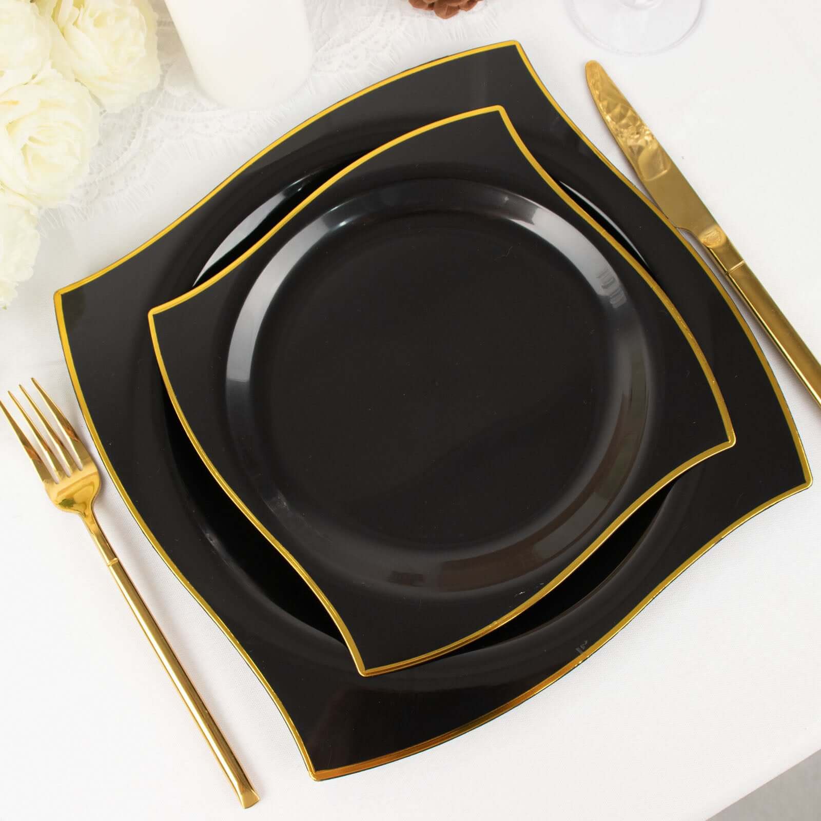 10-Pack Plastic 8" Square Dessert Plates in Black with Gold Wavy Rim Modern - Disposable Salad Appetizer Party Plates
