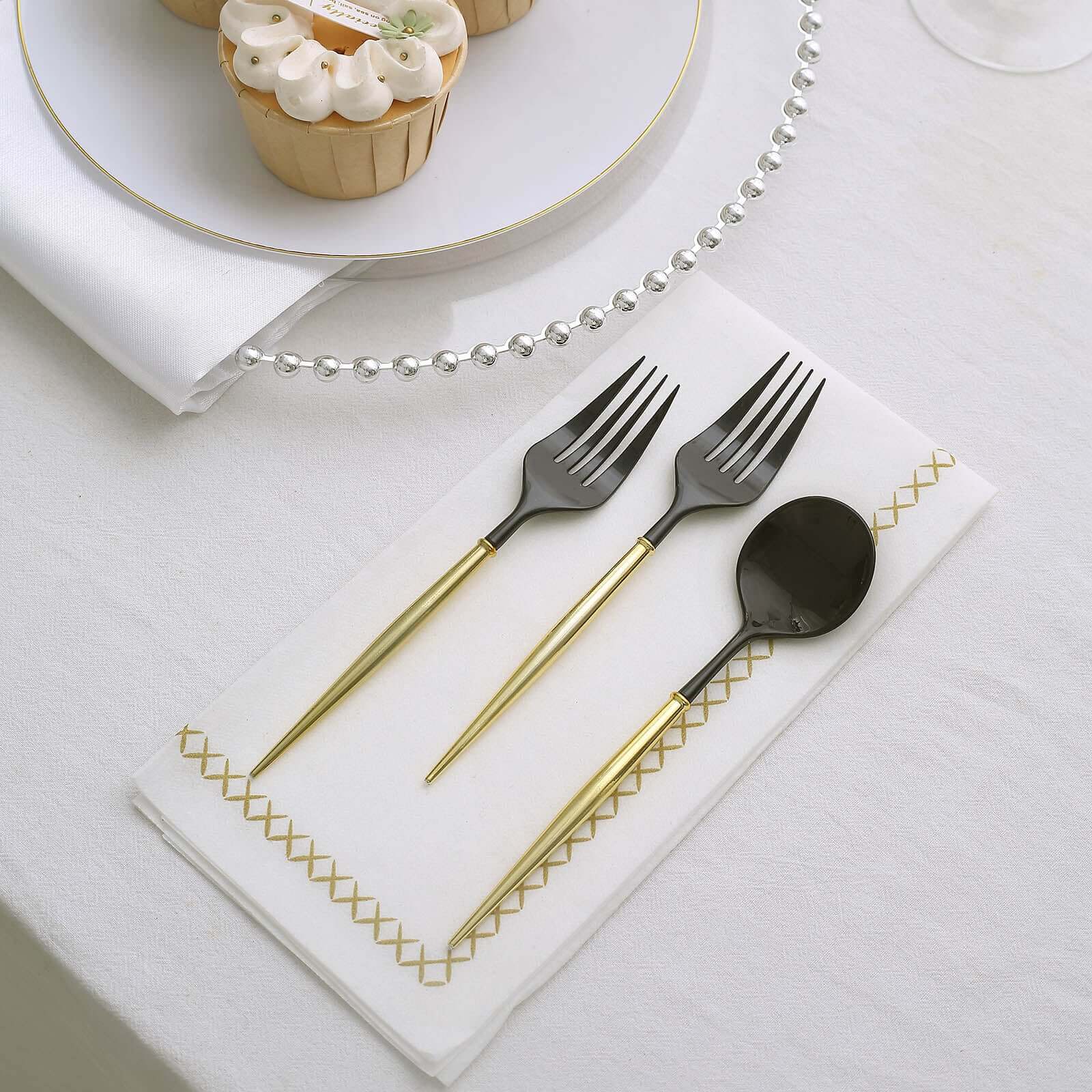 24-Pack Plastic Fork and Spoon Set Black/Gold - Heavy Duty Disposable Modern Utensils 6"