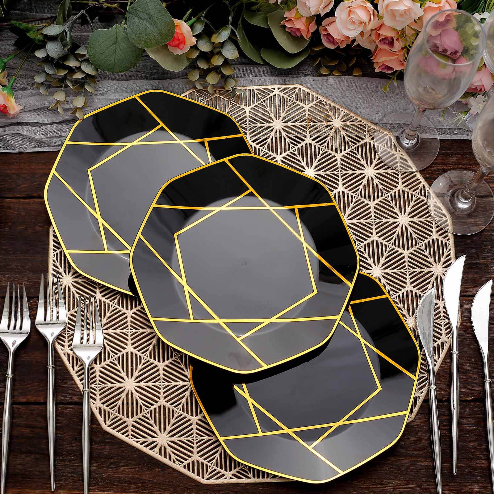 10-Pack Plastic 8" Octagon Dessert Plates in Black - Modern Disposable Salad/Appetizer Plates with Gold Geometric Design for Special Occasions & Celebrations