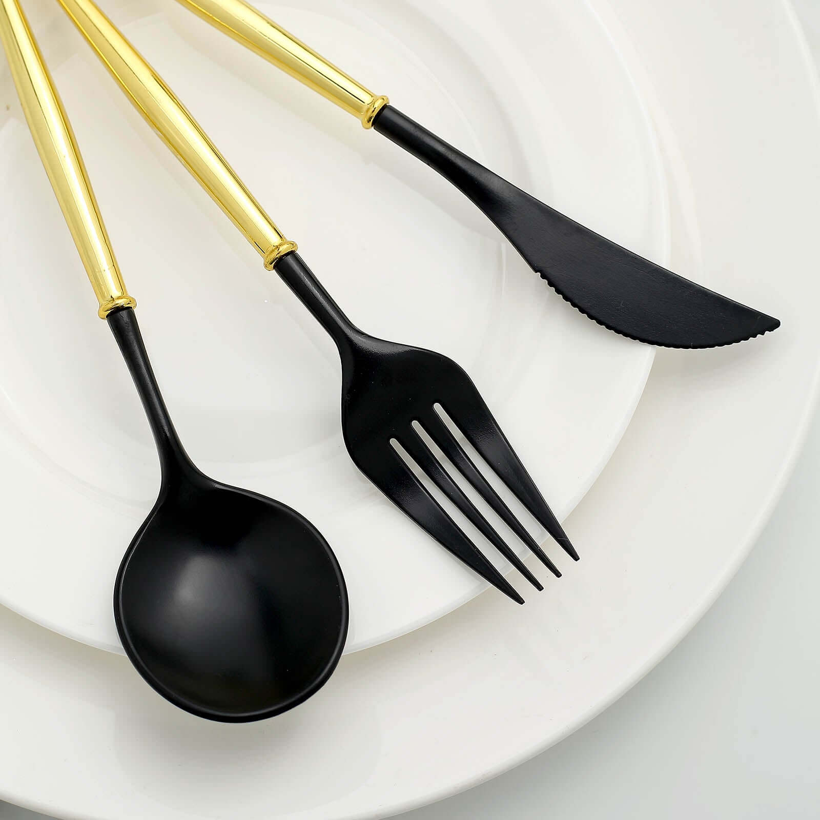 24-Pack Plastic Flatware Set in Black with Gold Handle - Heavy Duty Disposable Modern Silverware 8"