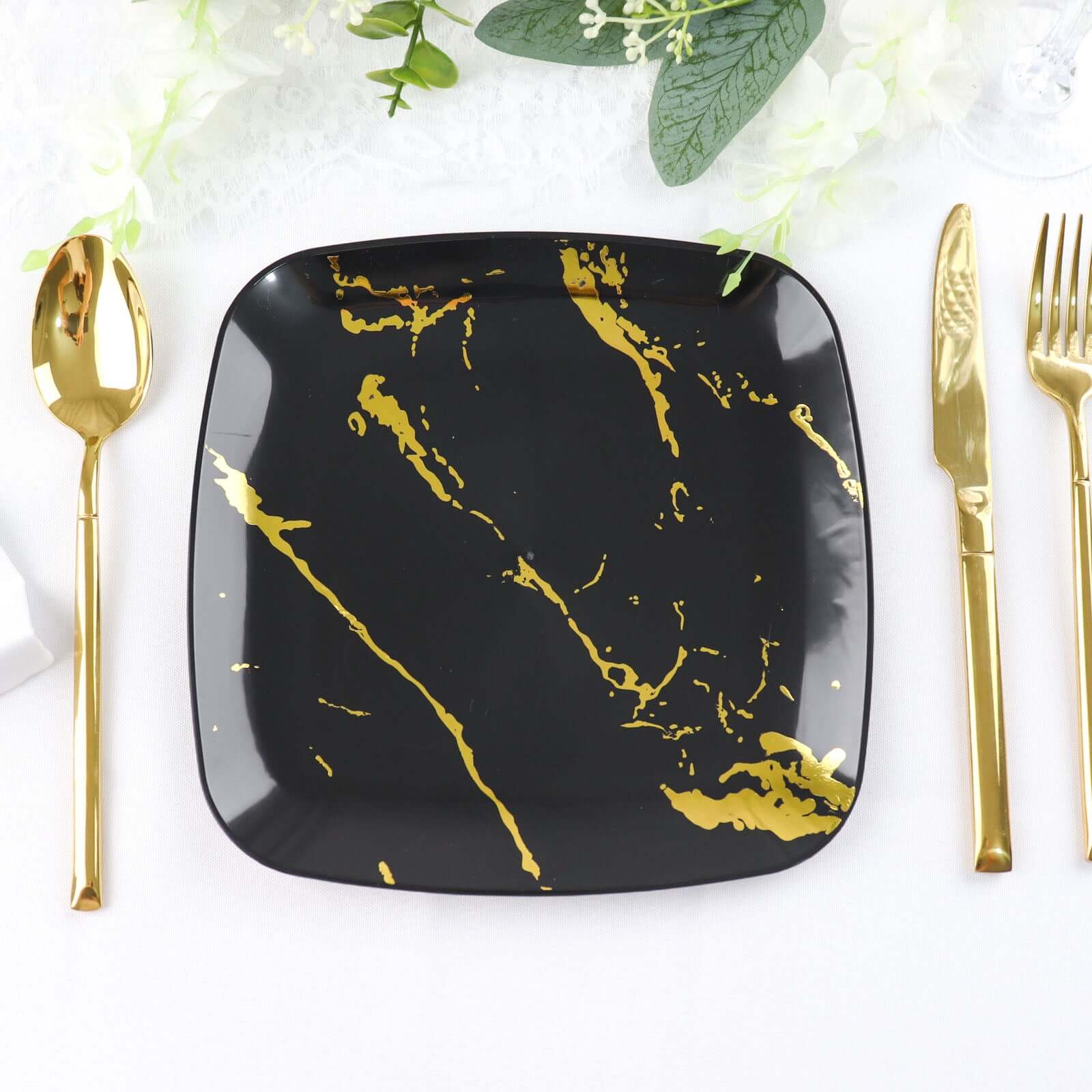 10-Pack Plastic 8" Square Dessert Plates in Black with Gold Marble Design - Disposable Appetizer Salad Party Plates