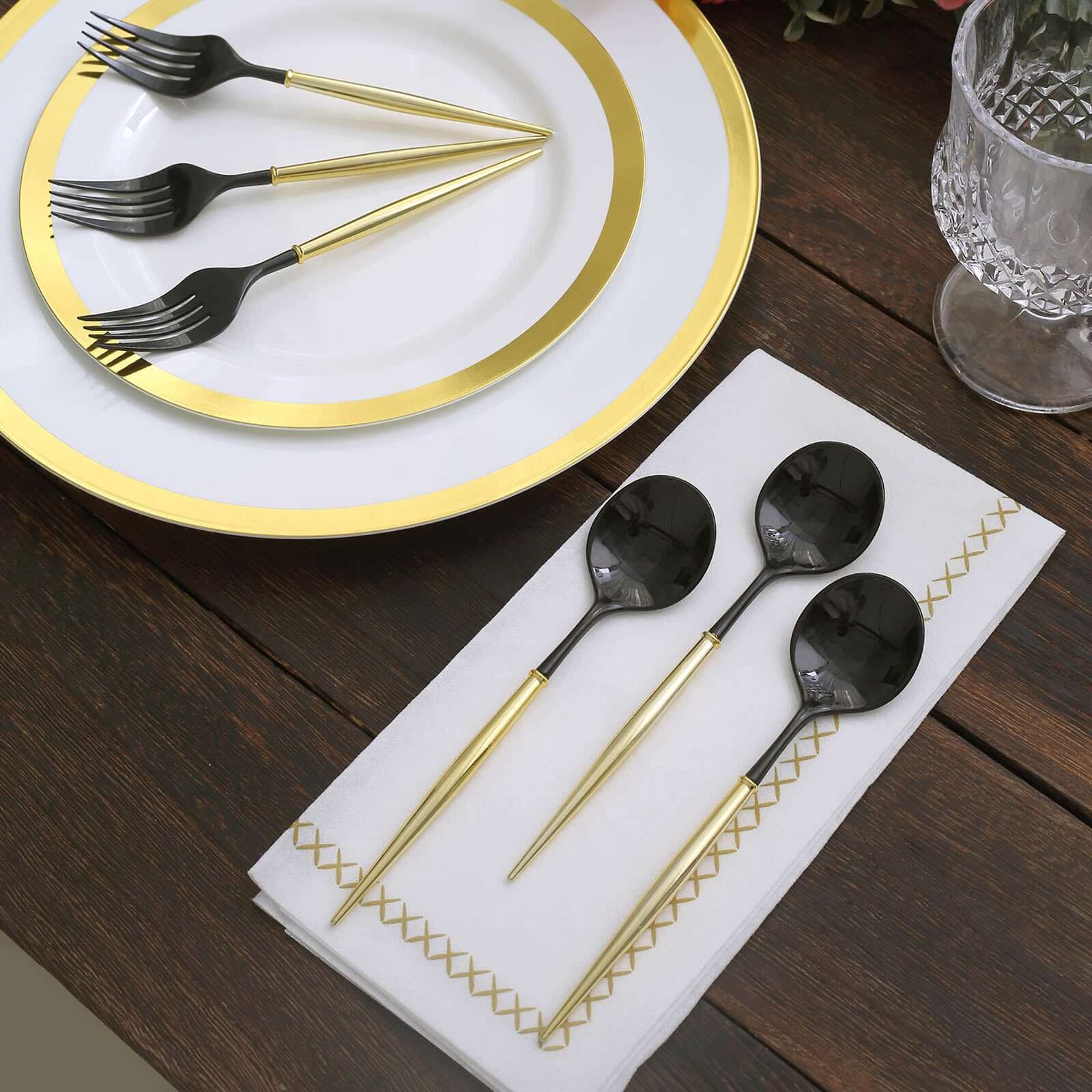 24-Pack Plastic Fork and Spoon Set Black/Gold - Heavy Duty Disposable Modern Utensils 6"