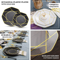 10-Pack Plastic 8" Octagon Dessert Plates in Black - Modern Disposable Salad/Appetizer Plates with Gold Geometric Design for Special Occasions & Celebrations
